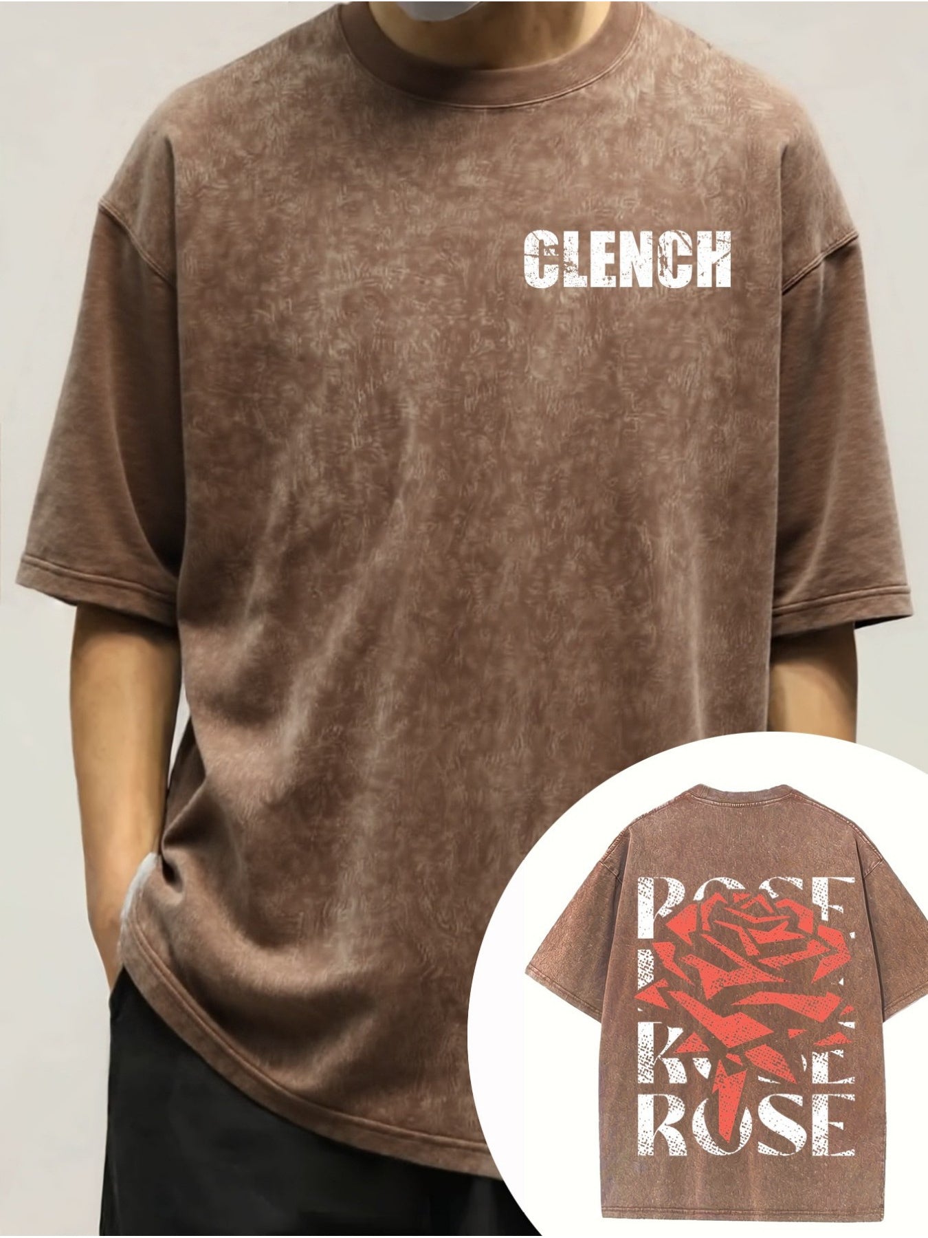 Men'S Vintage Washed - Distressed Brown & Beige Oversized T-Shirt with White Rose & CLENCH Letter Print, Soft Loose Fit Casual Short Sleeve Round Neck, Machine Washable All-Season Comfort for Daily Wear, Fishing, Outdoor & Golf - Ideal Men'S Gift