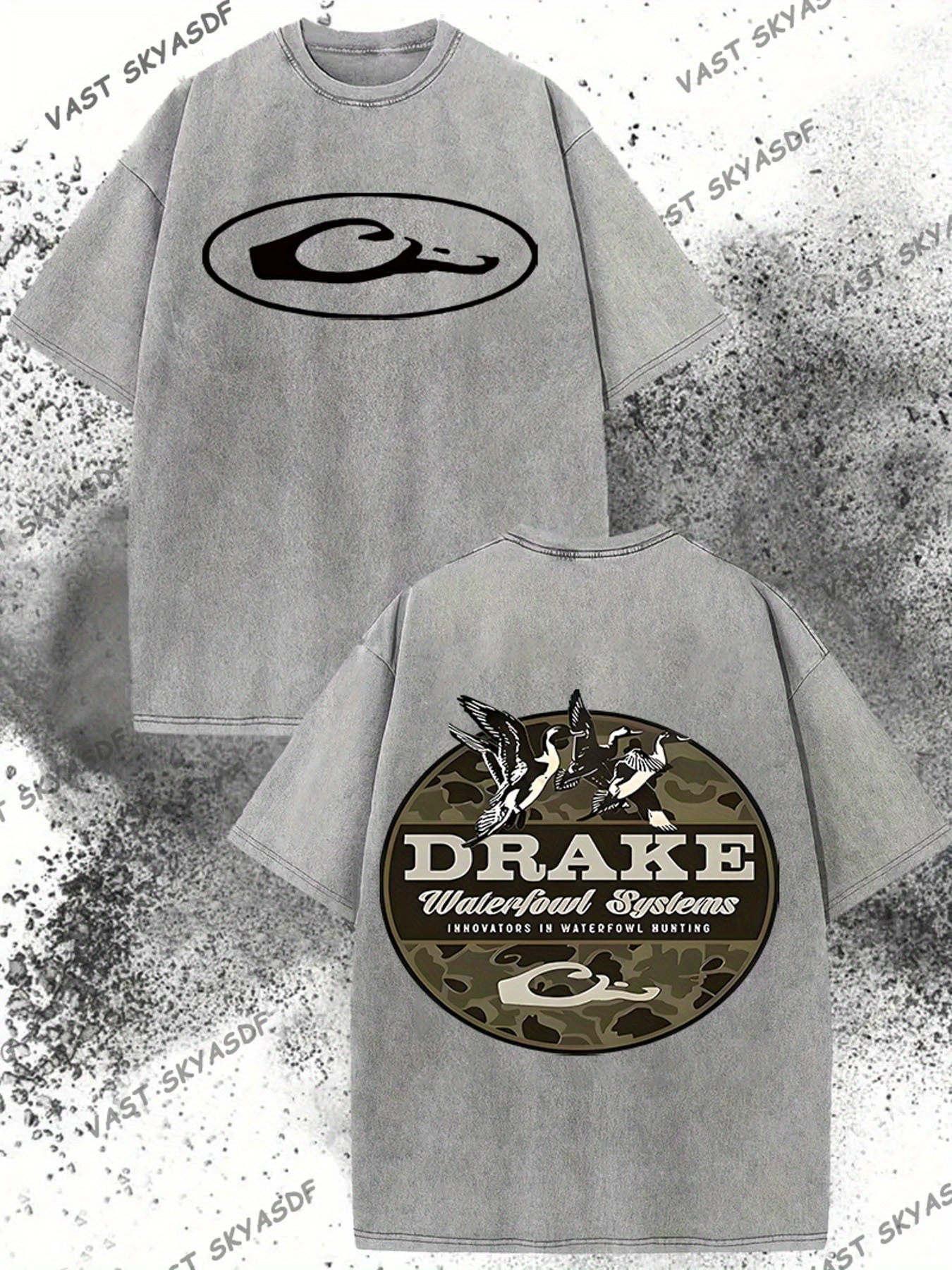 Men's 230g Heavyweight Vintage Washed Cotton T-Shirt with Duck & Water Bird Camo Print, Breathable Outdoor Hiking Shirt, Distressed Casual Short Sleeve Top for all-Season Wear, Machine Washable Weekend Adventure Gear