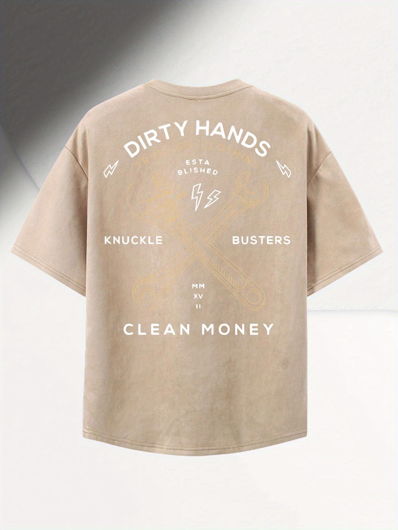 Men's Retro T-Shirt - "Dirty Hands Clean Money" Graphic Print, 220g Premium Polyester, Loose Fit Short Sleeve, Soft & Breathable for Outdoor Casual Wear, Machine Washable, All-Season Comfort, Vintage T Shirts, Comfortable Summer Top, Casual Style Tee, Knu