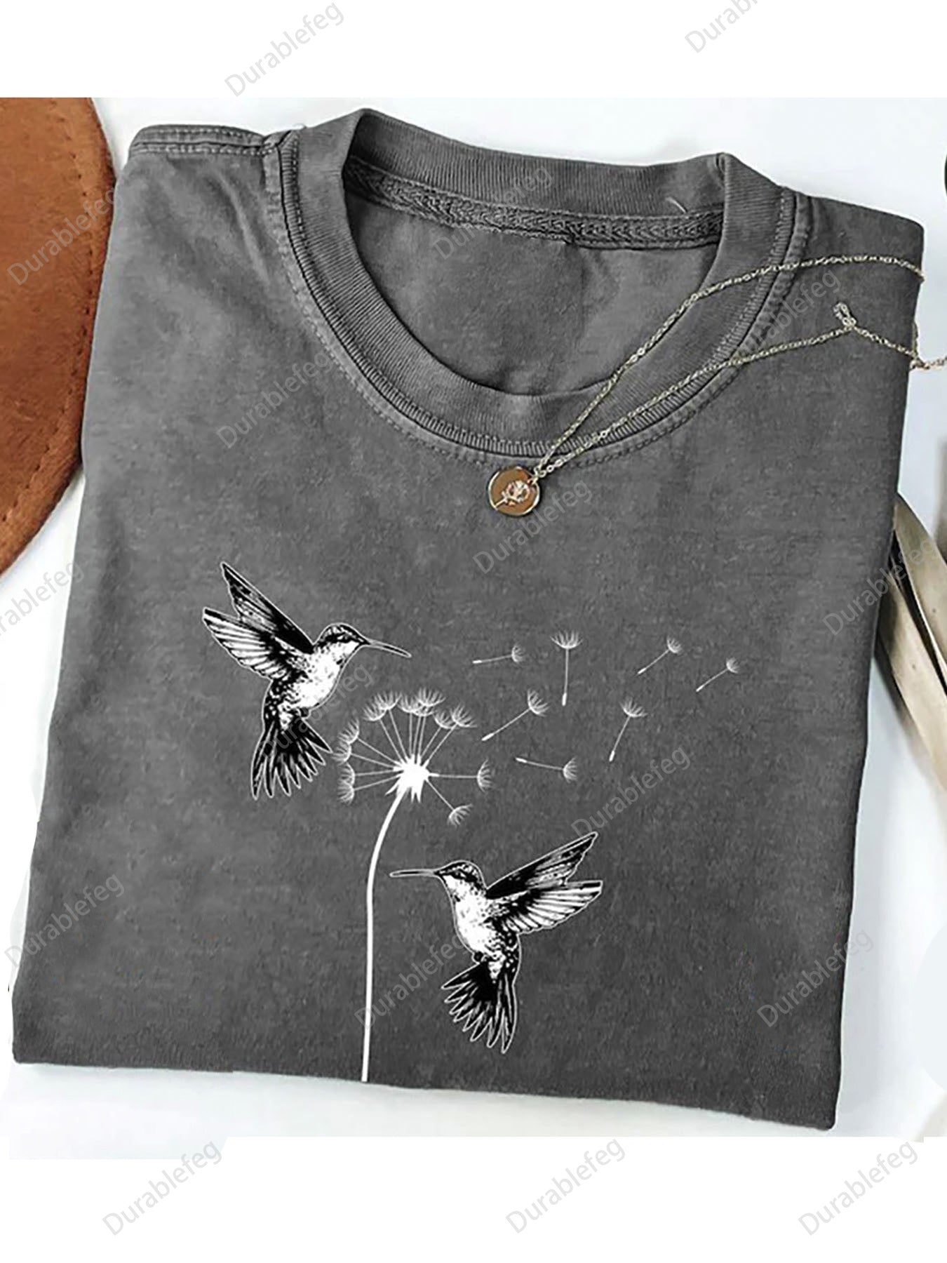 Men's Heavyweight 232g Washed Cotton T-Shirt - Vintage Dandelion & Bird Print Short Sleeve Round Neck Casual Shirt, Soft Breathable Black/White Top for Beachwear, Everyday Outfits & Gifts Suitable for all-Season Wear, Machine Washable, Retro Style