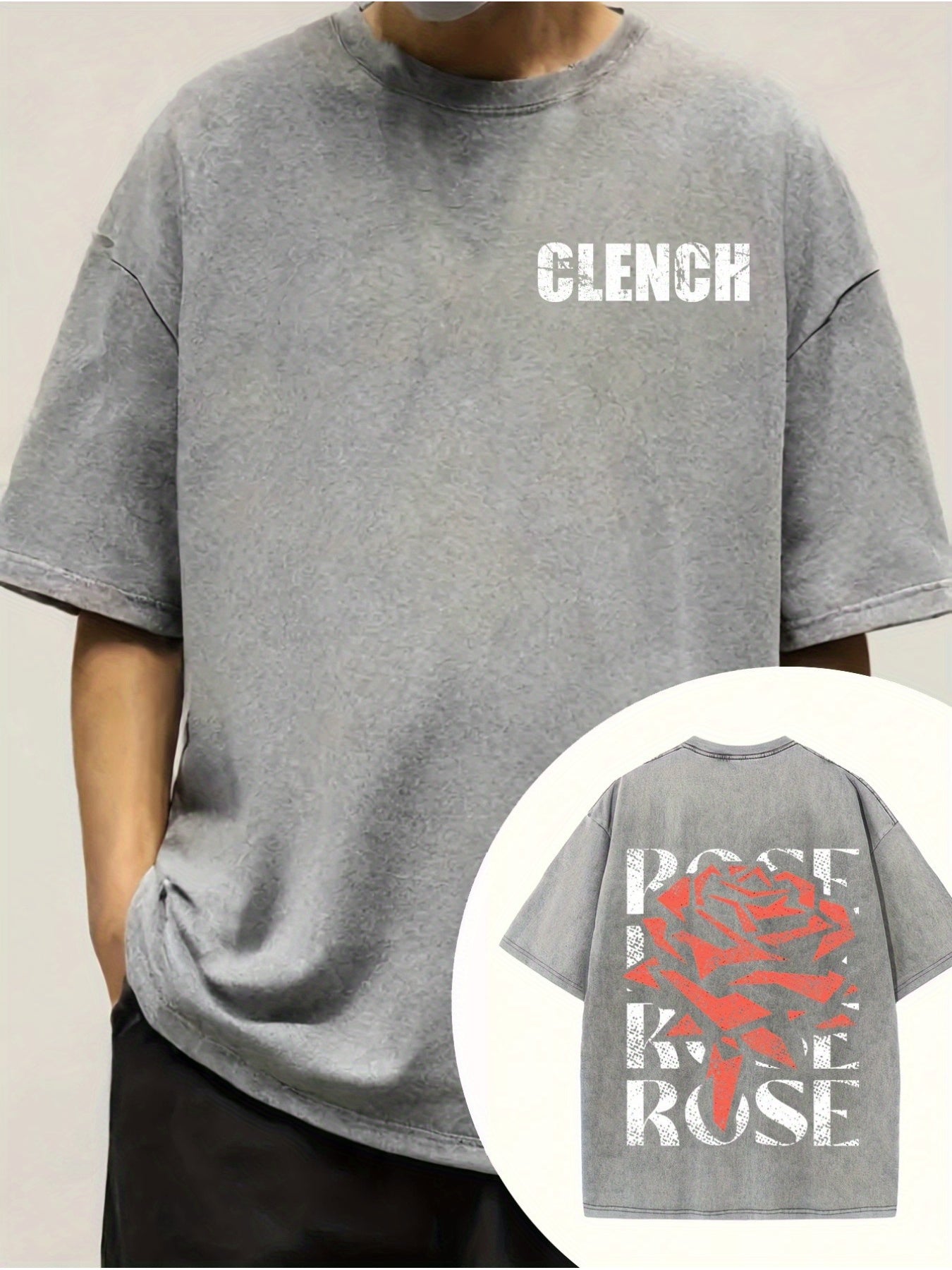 Men'S Vintage Washed - Distressed Brown & Beige Oversized T-Shirt with White Rose & CLENCH Letter Print, Soft Loose Fit Casual Short Sleeve Round Neck, Machine Washable All-Season Comfort for Daily Wear, Fishing, Outdoor & Golf - Ideal Men'S Gift