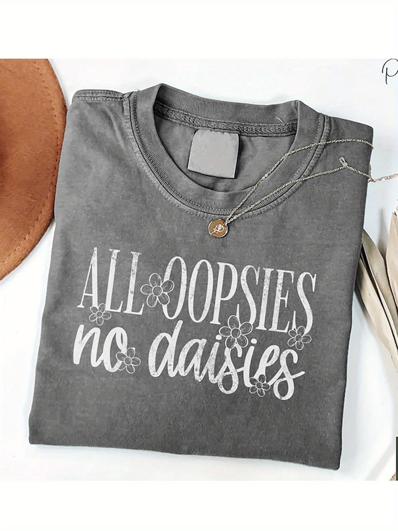 Men'S 230g Heavyweight Washed Tie-Dye T-Shirt - Retro "All Oopsies No Daisies" Daisy Print, Breathable Crew Neck Short Sleeve, Casual & Outdoor Wear, All-Season Comfort, Father'S Day Gift, Holiday Outfit, Adult Men'S Clothing (Light Grey)