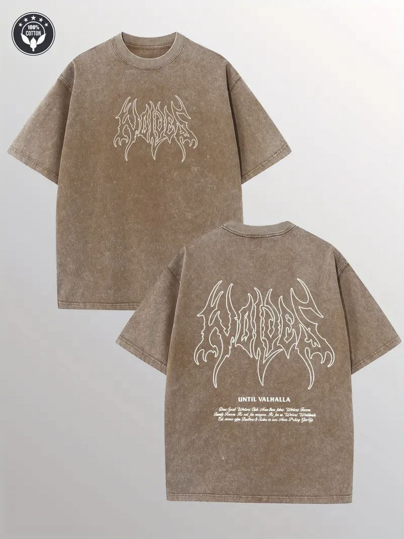 1pc, 230g Vintage Washed Cotton- "Someone's Calling Me" Pattern Print, Brown with White Flame Design, Casual Street Style, Machine Washable, Suitable for Summer and Holiday Gifts, All-Season Clothing| Vintage effect| Thick fabric, Everyday Outfit