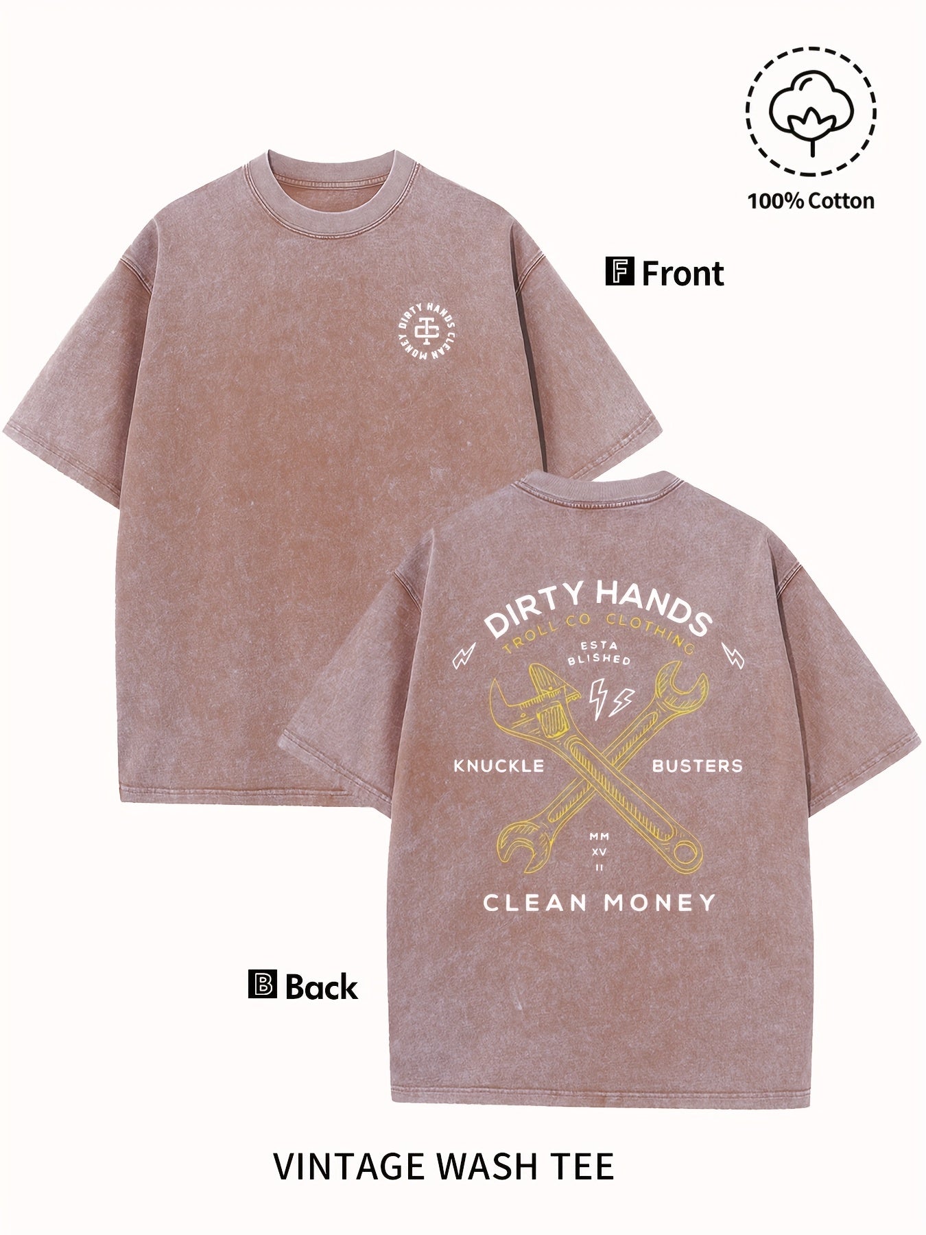 Men's Vintage Washed Cotton T-Shirt - "Dirty Hands Clean Money" Graphic Print, 230g Crew Neck Short Sleeve, Casual Street Style, Machine Washable Spring/Summer Comfort Top