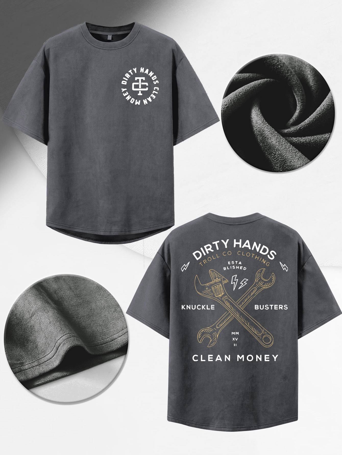 Men's Retro T-Shirt - "Dirty Hands Clean Money" Graphic Print, 220g Premium Polyester, Loose Fit Short Sleeve, Soft & Breathable for Outdoor Casual Wear, Machine Washable, All-Season Comfort, Vintage T Shirts, Comfortable Summer Top, Casual Style Tee, Knu
