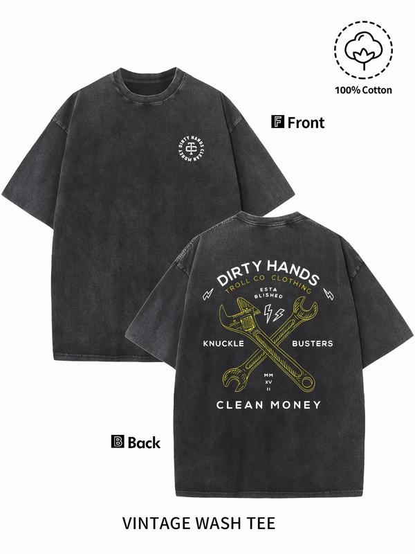 Men's Vintage Washed Cotton T-Shirt - "Dirty Hands Clean Money" Graphic Print, 230g Crew Neck Short Sleeve, Casual Street Style, Machine Washable Spring/Summer Comfort Top 90s  graphic  tees