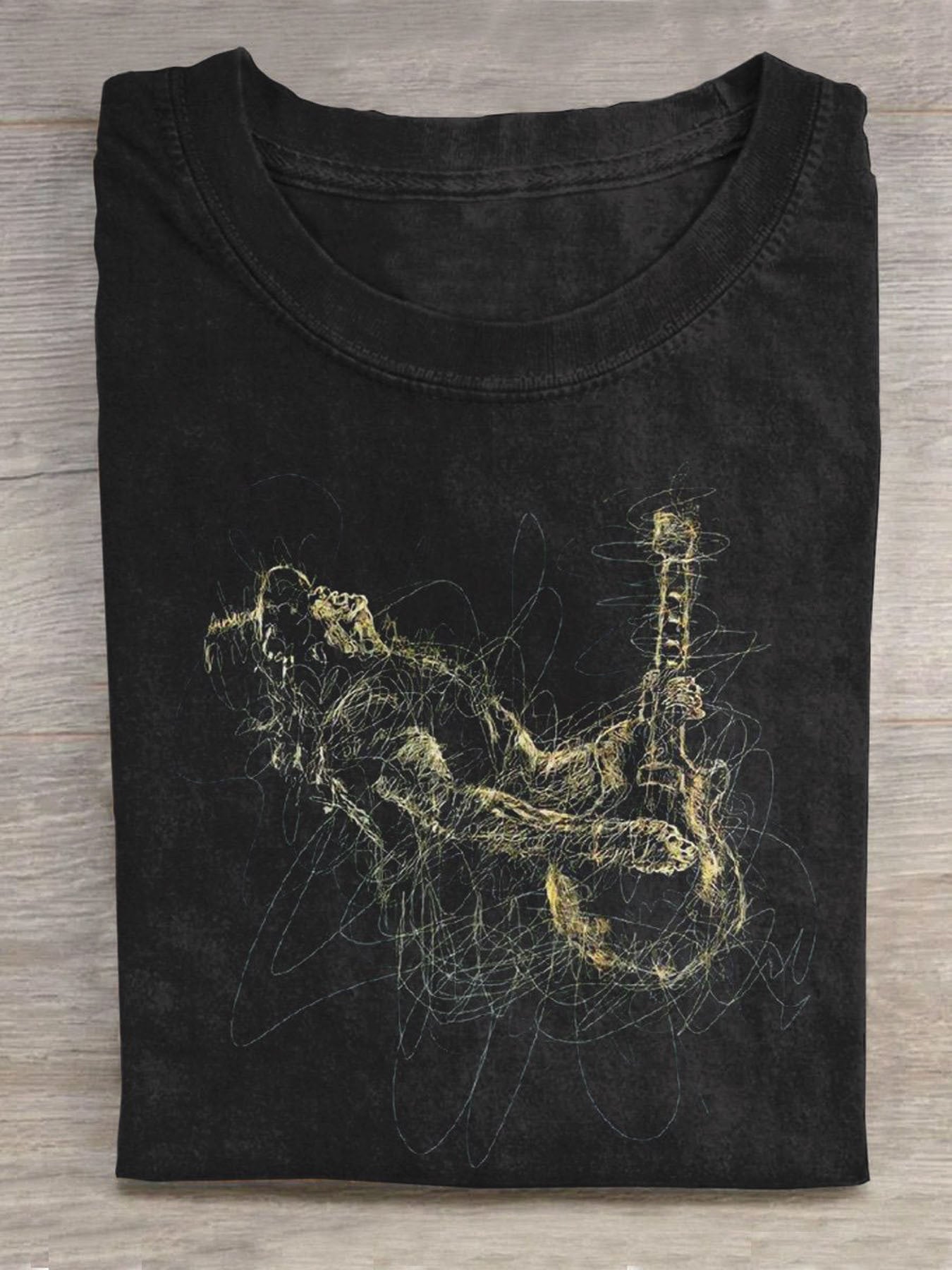 1pc Men's Vintage Punk T-Shirt with Golden Music Wax Print (Guitarist/Lookback Designs) - Black Cotton Tee, Loose Fit Casual Shirt for Concerts, Machine Washable Year-Round Wear