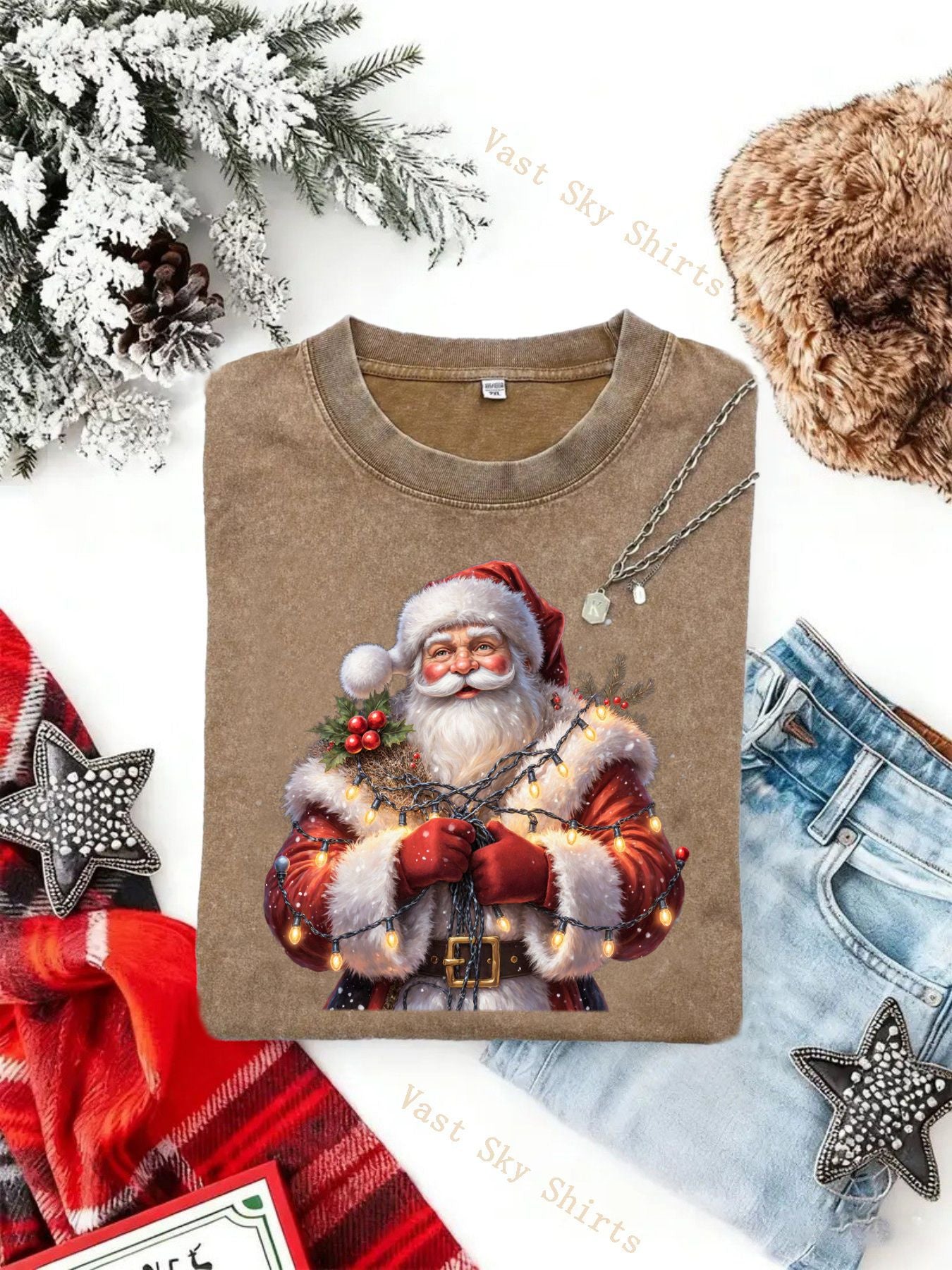 & Women's Vintage Y2K Retro Christmas T-Shirt with Santa Claus Print - Washed Round Neck Short Sleeve Casual Holiday Party Wear, Church Events & Family Gatherings Suitable for All-Season Wear, Machine Washable Santa Pattern T-Shirts