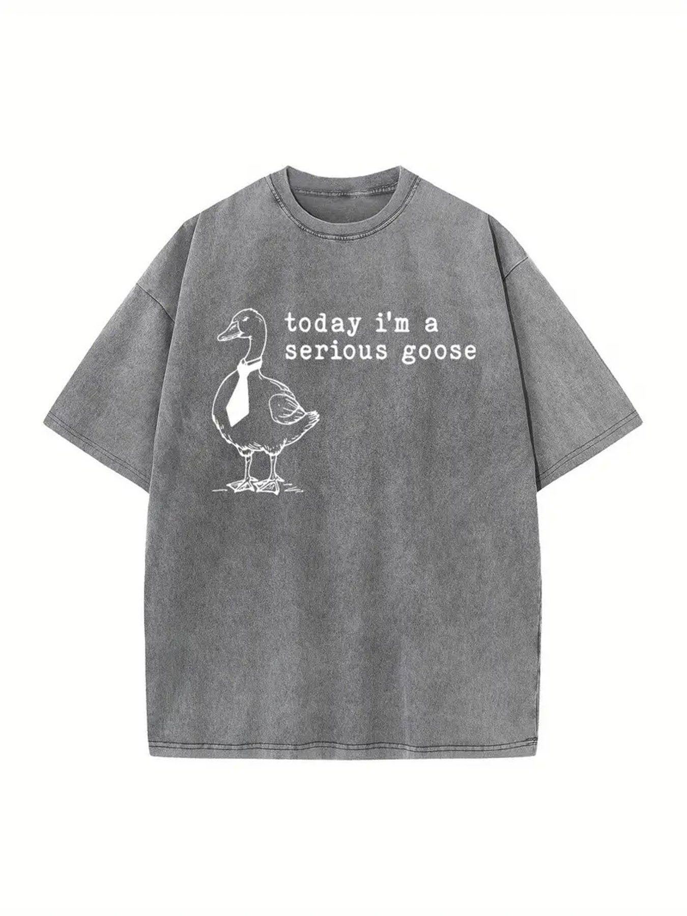 1pc Funny "Today I Am A Serious Goose" T-Shirt - 230g Washed Cotton Vintage Tee with Wax Print, Casual Crew Neck Shirt Suitable for Adults, Machine Washable Humorous Gift for Year-Round Wear