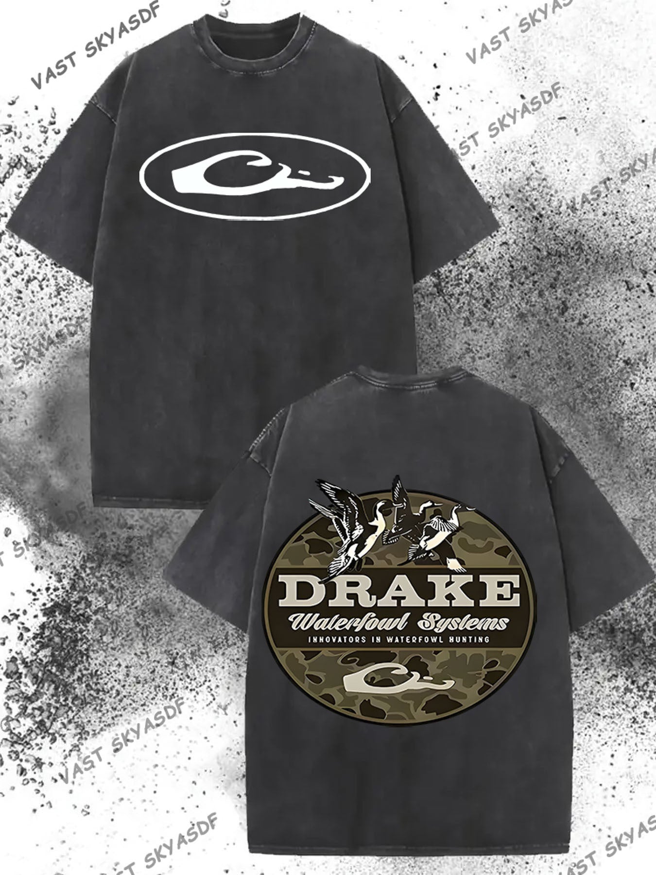 Men's 230g Heavyweight Vintage Washed Cotton T-Shirt with Duck & Water Bird Camo Print, Breathable Outdoor Hiking Shirt, Distressed Casual Short Sleeve Top for all-Season Wear, Machine Washable Weekend Adventure Gear