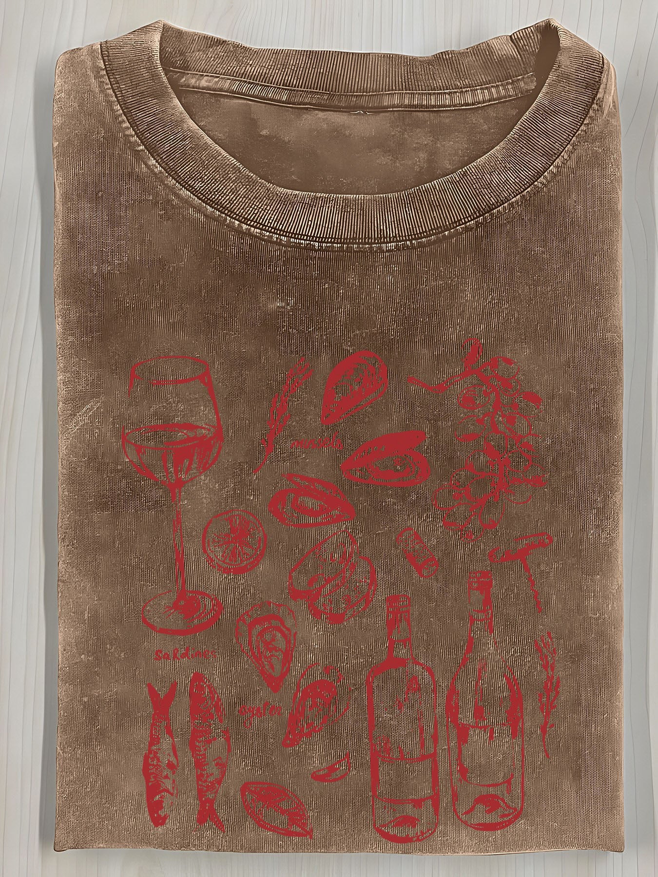 Men's 230g Vintage Wine & Cheese Print Washed Cotton T-Shirt - Retro Streetwear Short Sleeve Round Neck Loose Fit, Opaque Fabric for all-Season Casual & Beachwear, Machine Washable Soft Breathable Tee