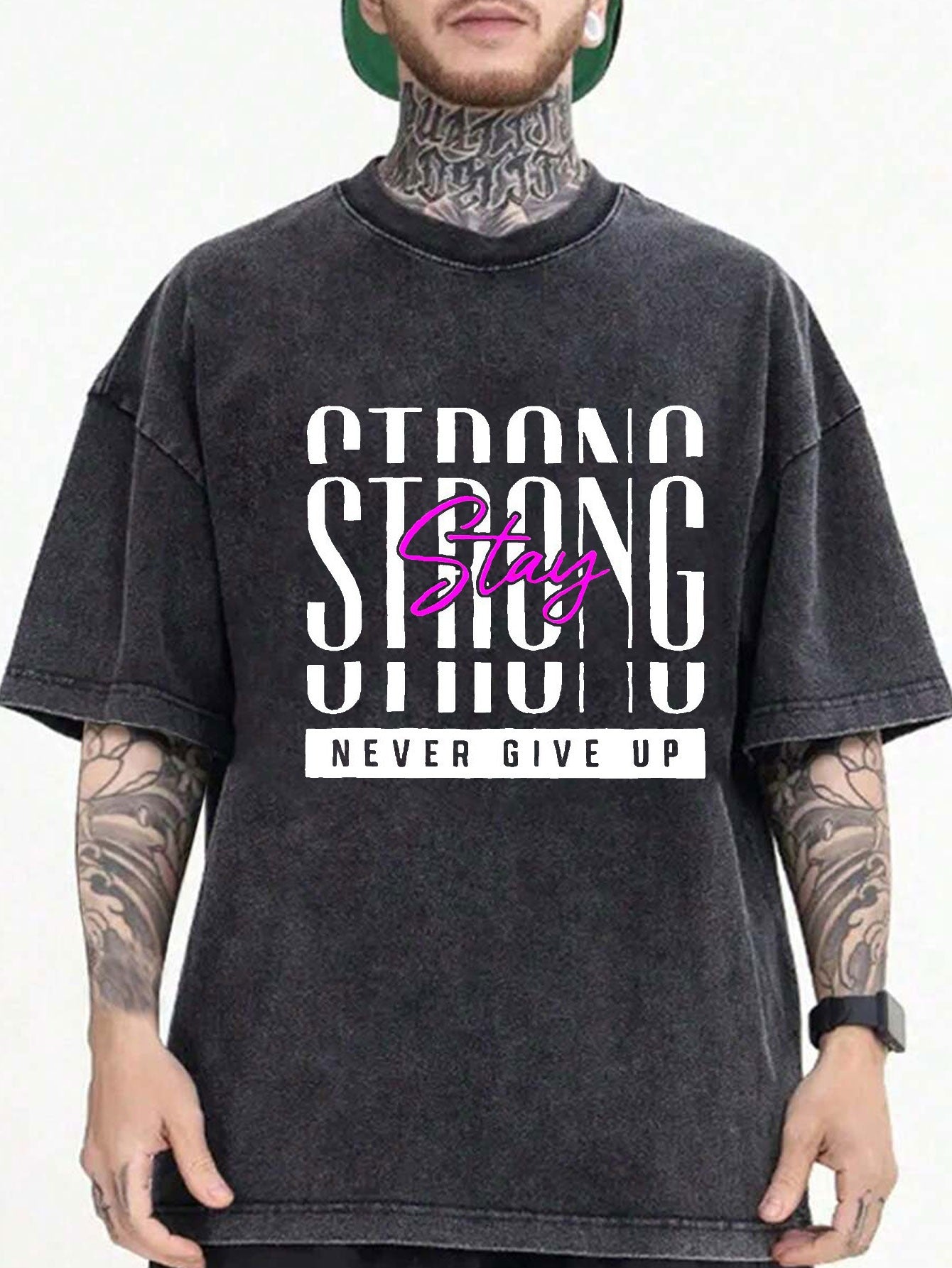 Motivational "Never Give Up" Washed Cotton T-Shirt - Loose Fit Casual Round Neck Tee with Strong Never Give Up Slogan Print, Black, Suitable for Gym, Casual Attire & Year-Round - Machine Washable Apparel