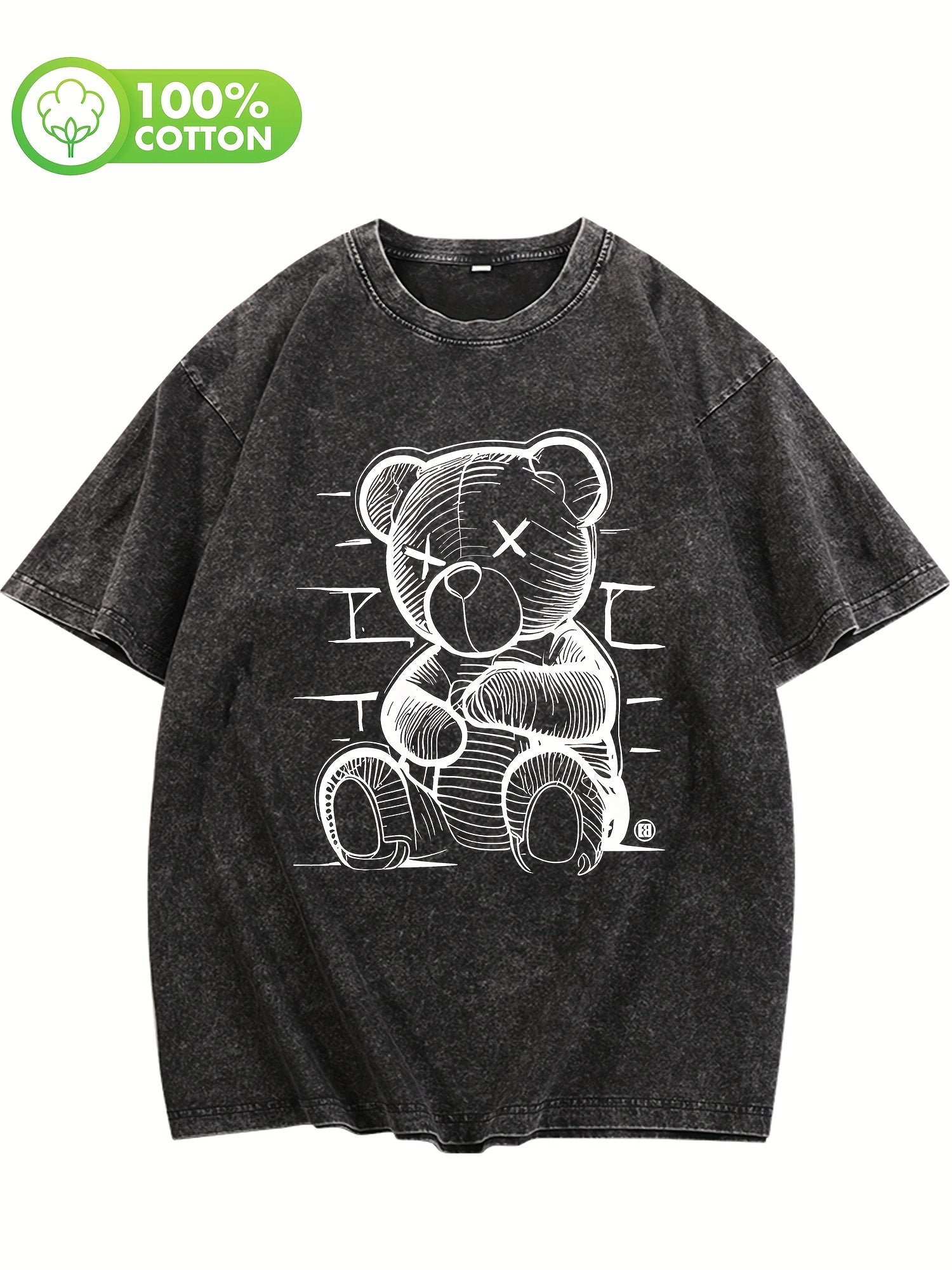 Trendy Off-Shoulder Top Featuring a Washed High-Quality Design with a White Bear Print, Made from Heavyweight 230G Oversized Fabric, 100%, Embodying Street Style.