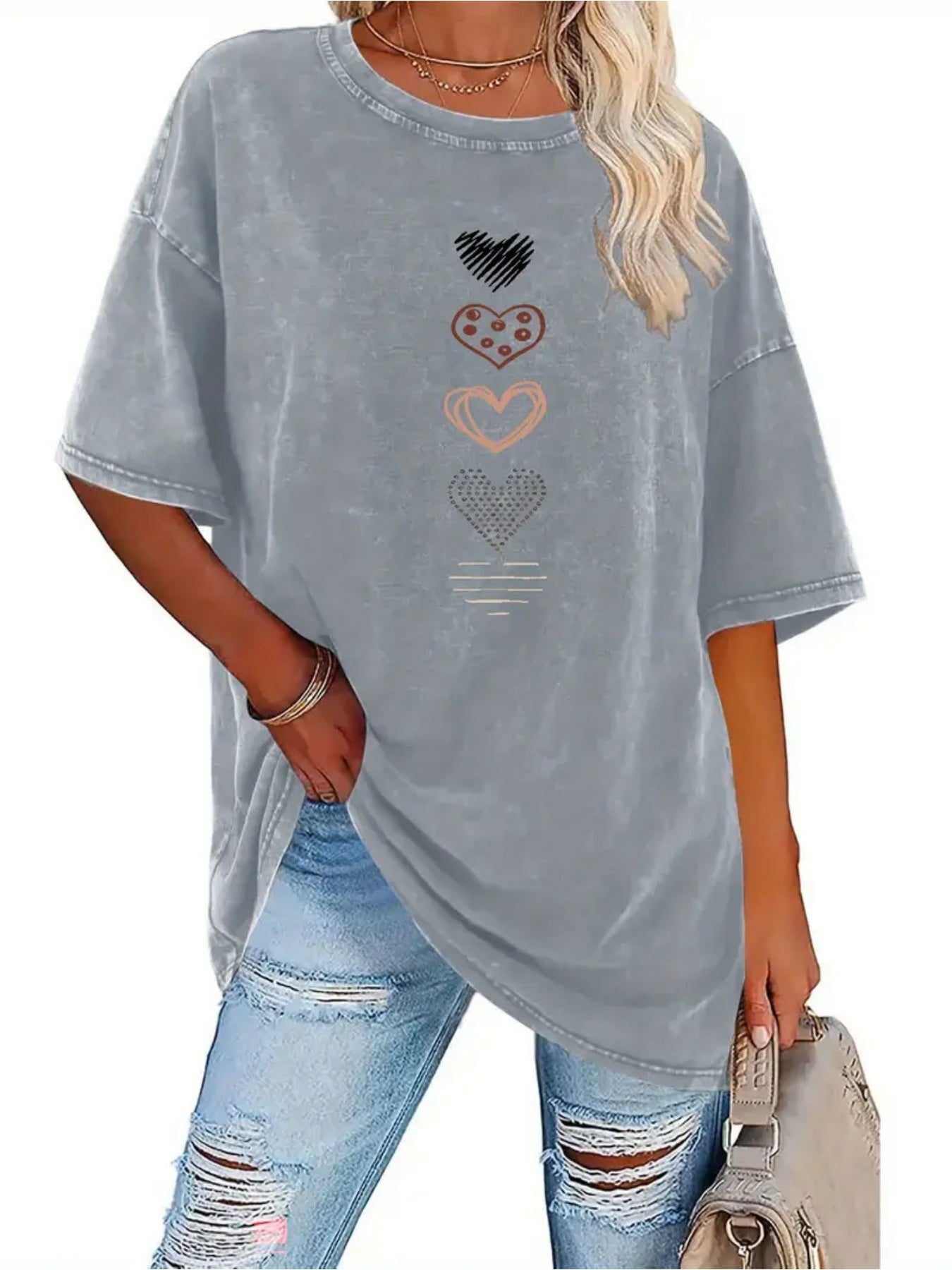 Women's Vintage Heavyweight 230g T-Shirt - Oversized Short Sleeve Round Neck Soft Washed Casual Top with Black & Brown Geometric Heart Print, Loose Fit for Spring Summer Casual Attire