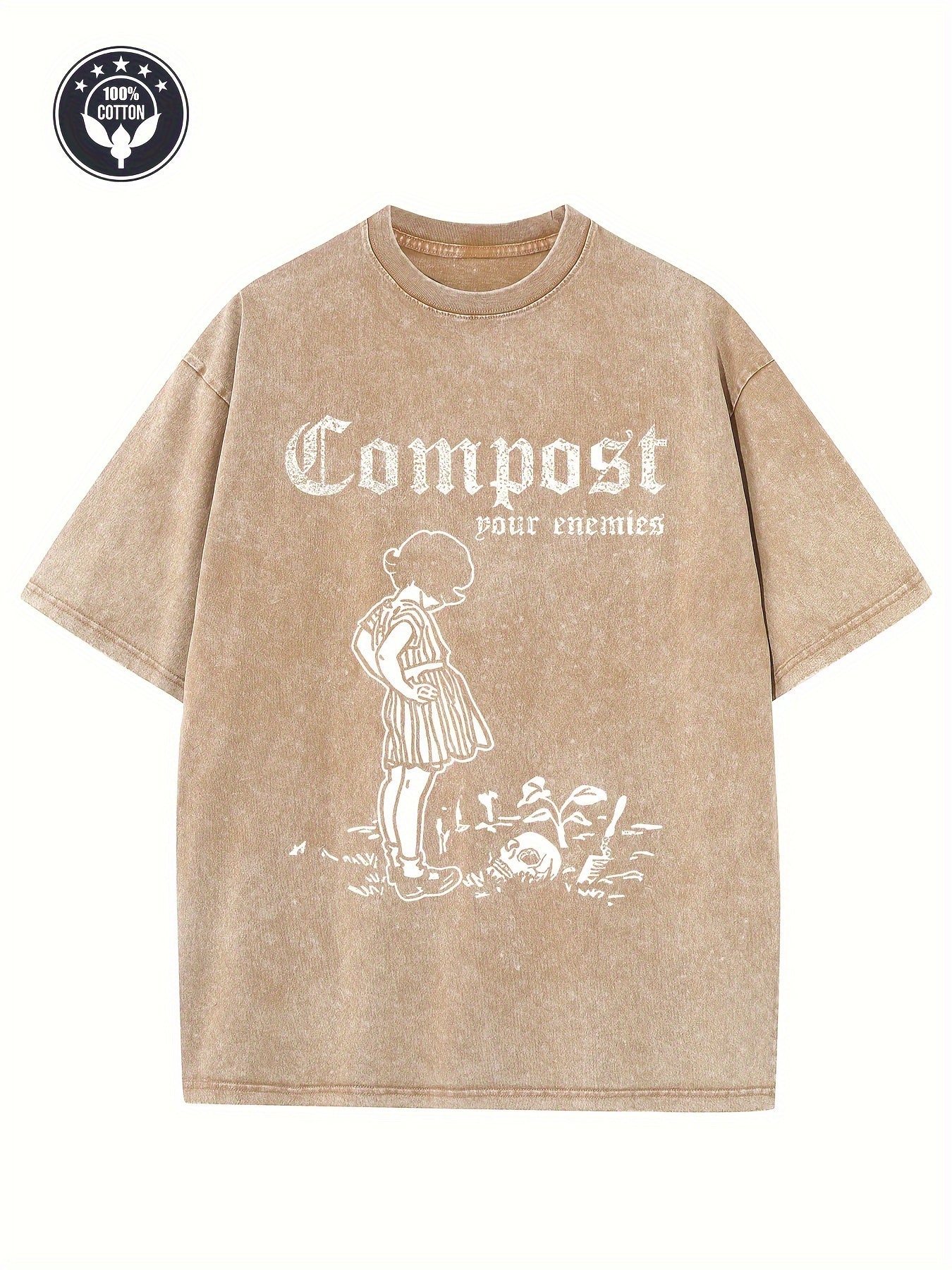 Men's & Women's Heavyweight 230gsm Vintage Washed Cotton T-Shirt - Oversized Streetwear Tee with "Compost Your Enemies" Graphic, Dark Green Retro Distressed Shirt, Drop Shoulder Round Neck for Music Festivals, Parties, Casual Wear