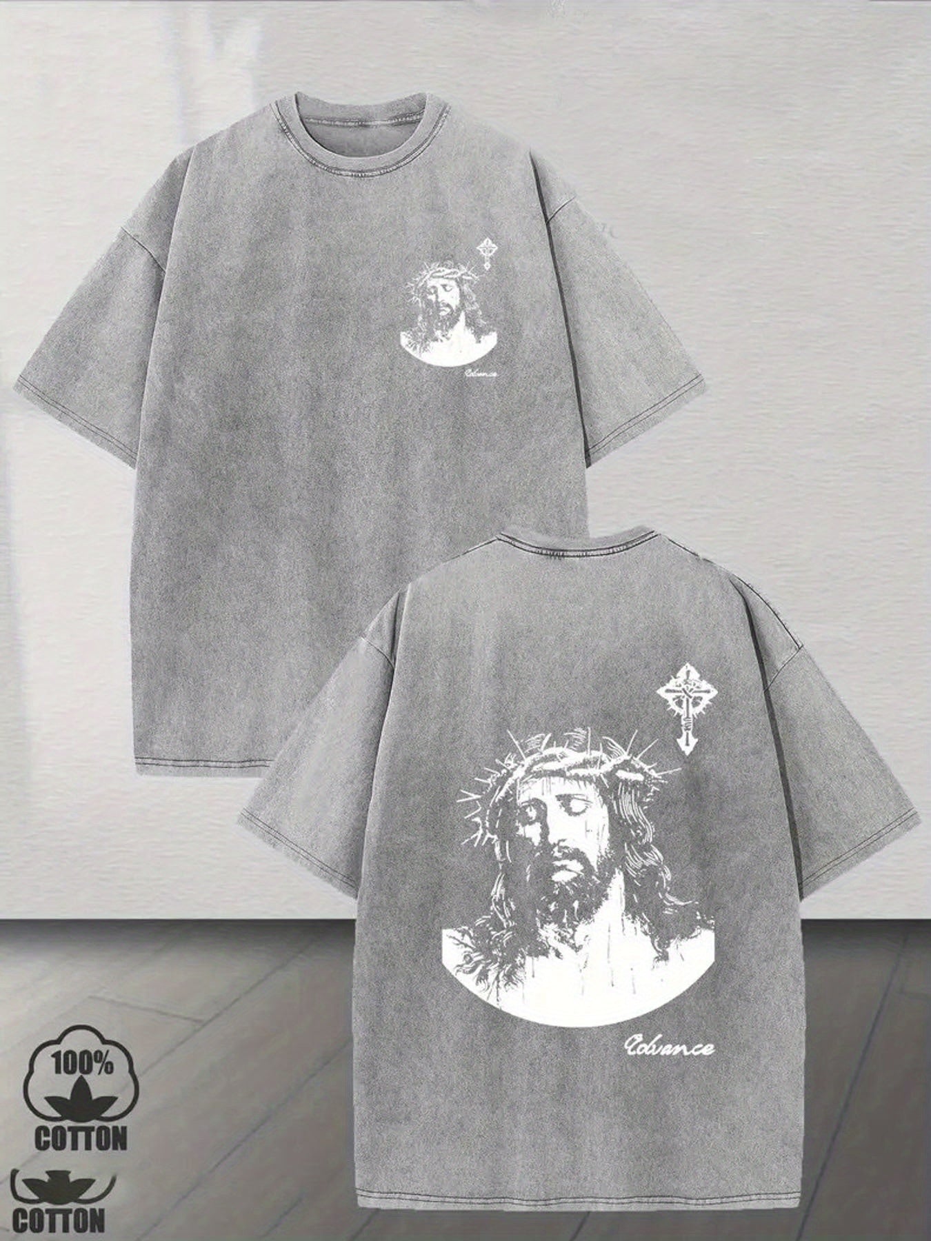 Men'S 230g Heavyweight Washed T-Shirt Christ Graphic Print - Vintage Christian Faith Design, Breathable Round Neck Short Sleeve, Machine Washable Casual & Outdoor All-Season Fit for Church Events & Casual Attire