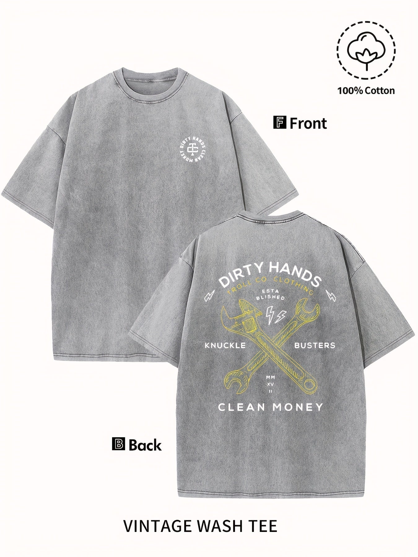 Men's Vintage Washed Cotton T-Shirt - "Dirty Hands Clean Money" Graphic Print, 230g Crew Neck Short Sleeve, Casual Street Style, Machine Washable Spring/Summer Comfort Top