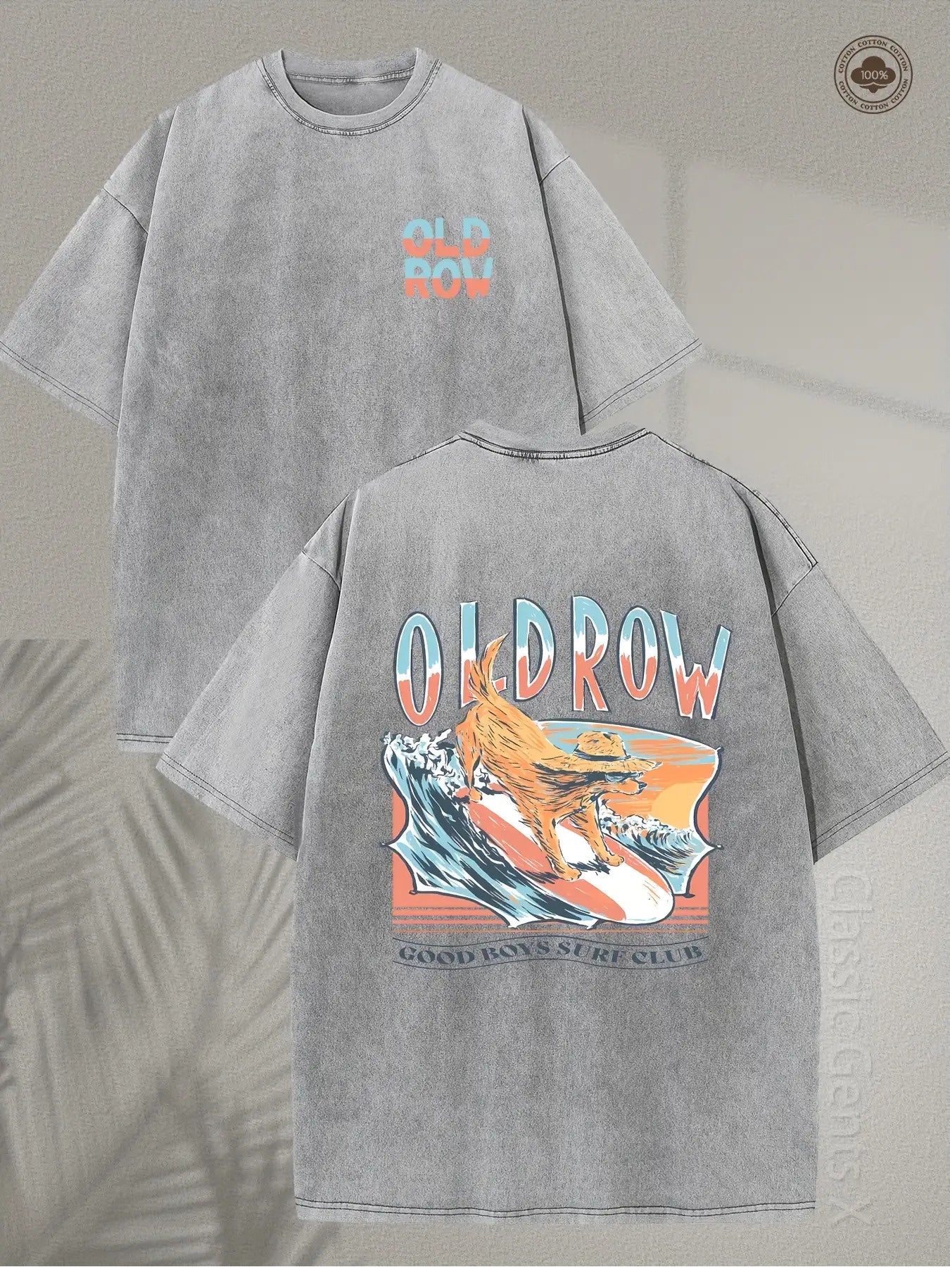 Men's & Unisex Heavyweight 250g Washed Cotton T-Shirt - Vintage Surf Club Shirt with Retro Surfboard & Wave Graphics in Blue Green/Orange, Old Row Good Society Logo, Loose Fit for Beach Party, Casual Wear, Surf Lifestyle (Machine Washable