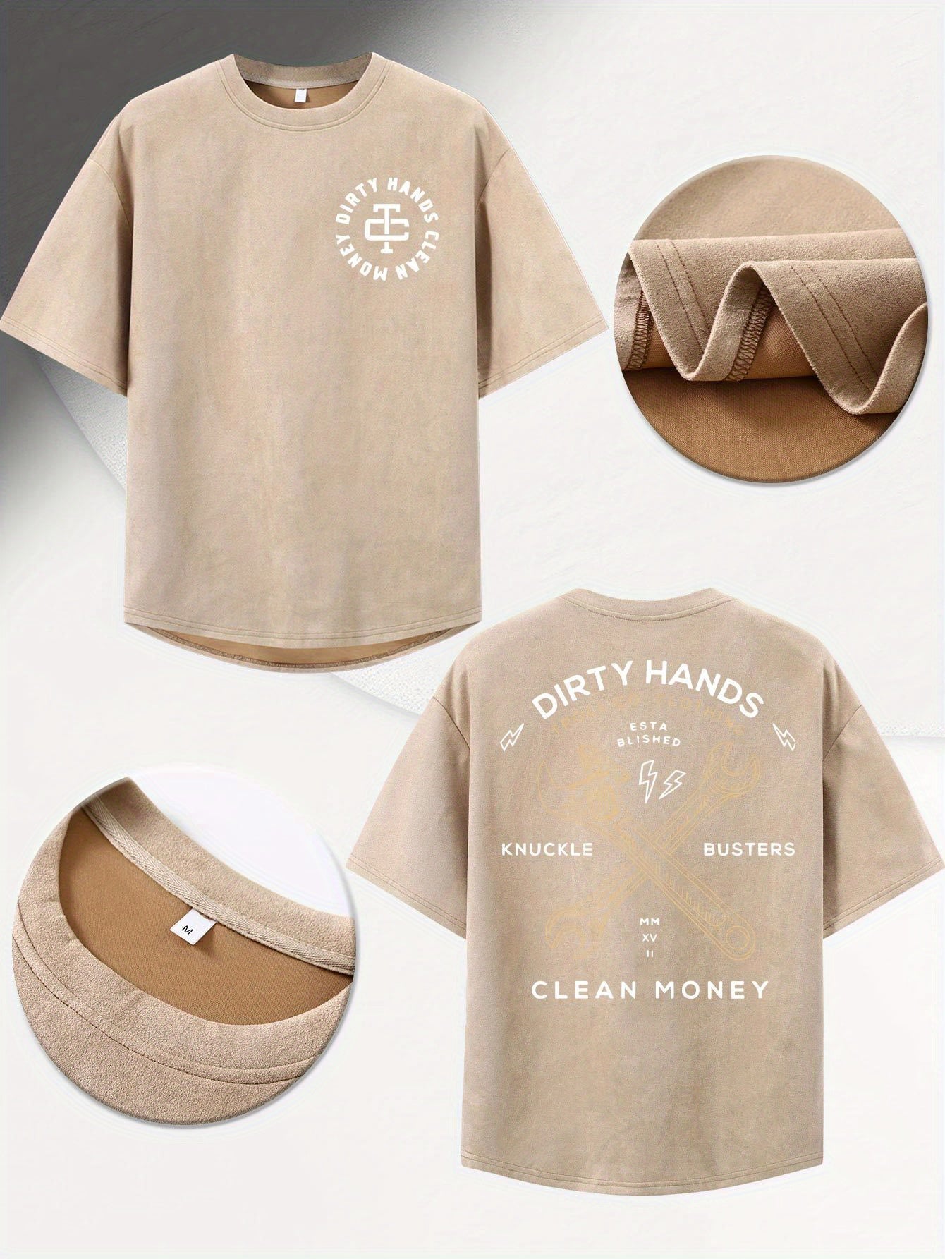 Men's Retro T-Shirt - "Dirty Hands Clean Money" Graphic Print, 220g Premium Polyester, Loose Fit Short Sleeve, Soft & Breathable for Outdoor Casual Wear, Machine Washable, All-Season Comfort, Vintage T Shirts, Comfortable Summer Top, Casual Style Tee, Knu