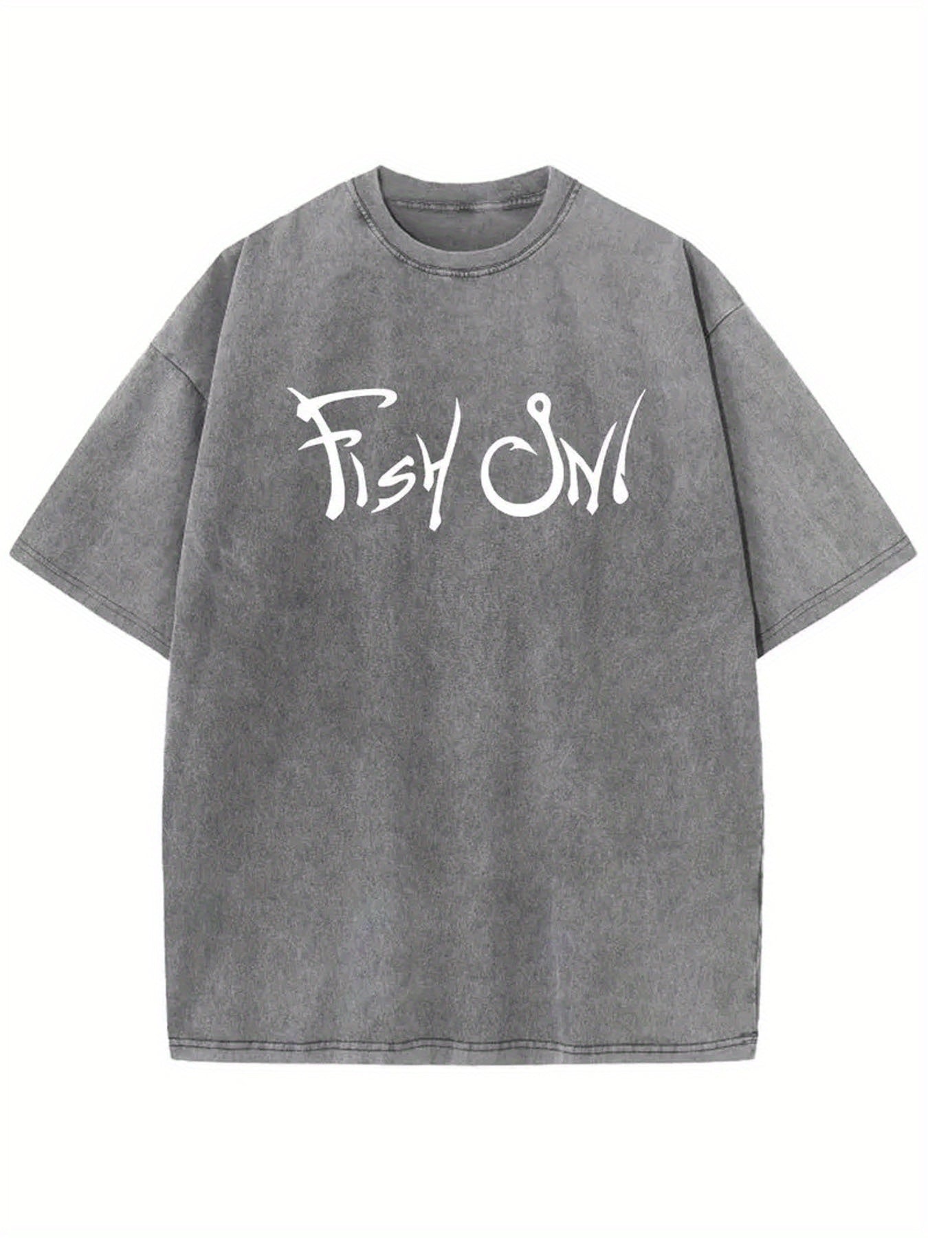 1pc, 230g Washed Fish Hook Letter | Refreshing Daily Breathable Sweat-absorbing Pattern Print, Batik Thickness Outdoor Summer, Crew Neck, Casual Style, Perfect for Adults, All-season Fit, Sweat-Resistant