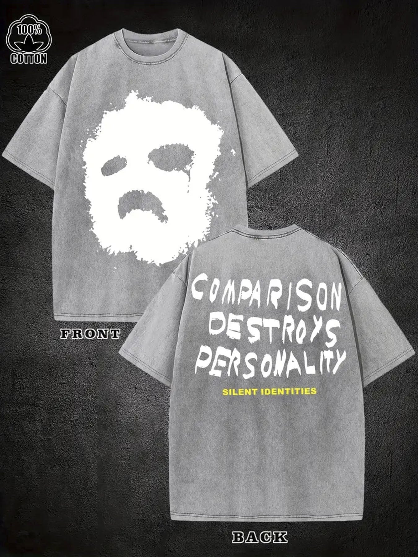 1pc Men'S 230g Heavyweight Vintage Washed Streetwear T-Shirt with Bold "Compare Destroy " Graphic Print, Double-Sided Retro Design, Regular Fit Crew Neck, All-Season Casual Wear, Machine Washable, Edgy Statement Tee for Everyday & Holiday Gifts (/)