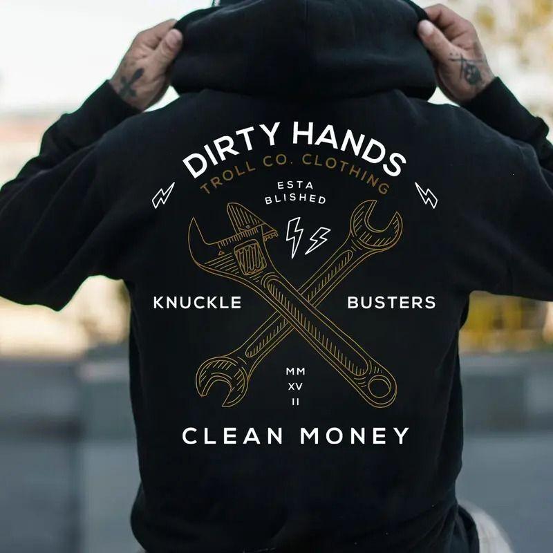 Trending Mechanic Unisex Apparel: Troll Co Work Hard Dirty Hands Clean Money Hoodie - Knuckle Busters Back Side Printed Workwear Streetwear