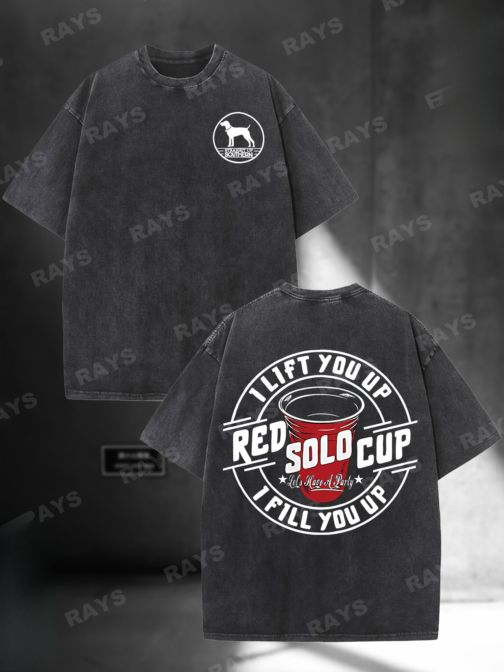 STRAIGHT UP SOUTHER Men's Heavyweight 230g Washed Cotton T-Shirt - Oversized Loose Fit Short Sleeve with Bold Geometric Print, Soft Crew Neck Top for Streetwear, Casual, Party & Daily Wear | Machine Washable Year-Round