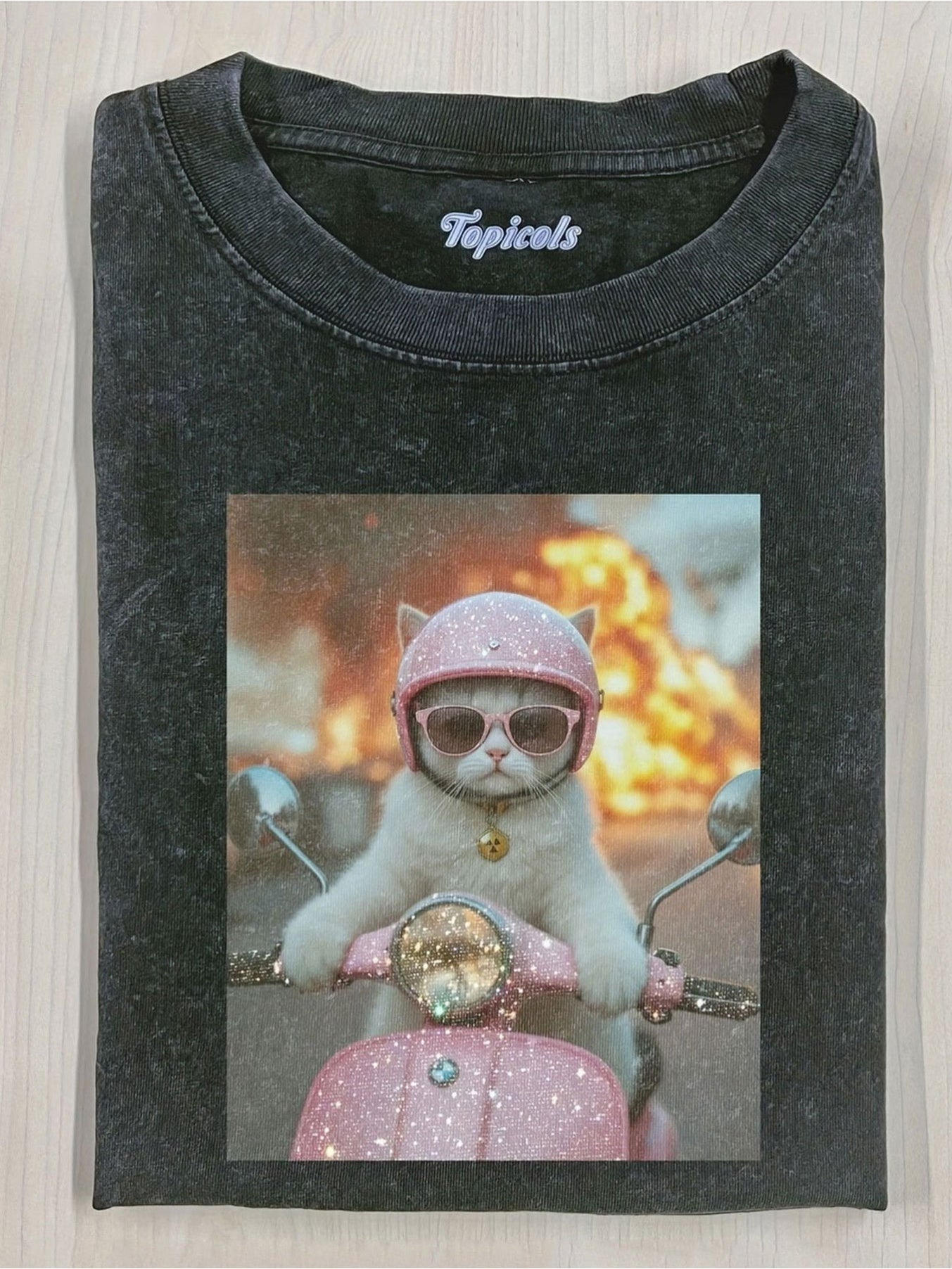 Men's Heavyweight 100% Cotton T-Shirt with Cool Cat Graphic - 230G Black Retro Washed Short Sleeve Round Neck Breathable Tee Suitable for All Seasons Machine Washable Perfect Gift for Casual Attire & Holidays