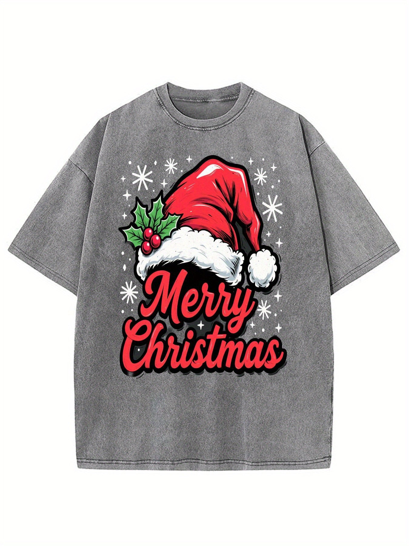 Men's & Women's Vintage Washed Christmas T-Shirt - Dark Green with Red "Merry Christmas" & Santa Hat Print, Loose Fit Cotton Blend Short Sleeve Holiday Party Outfit Suitable for Adults,, Family Matching - Machine Washable Year-Round Wear