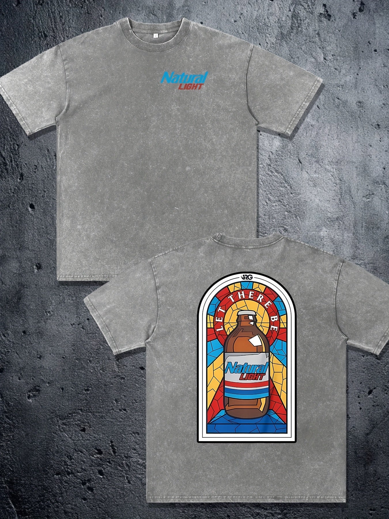 Men's Vintage Washed 230gsm Heavyweight Cotton T-Shirt - Double-Sided Natural Light Logo Print, Loose Fit Short Sleeve Crew Neck Summer Casual Top, Non-See-Through Opaque for all-Season Casual Attire