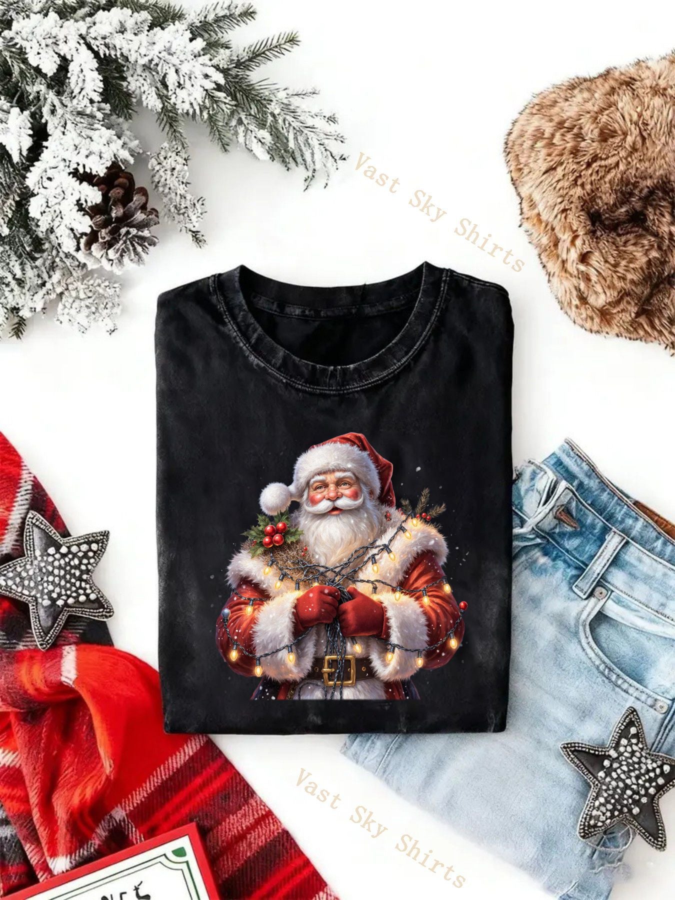 & Women's Vintage Y2K Retro Christmas T-Shirt with Santa Claus Print - Washed Round Neck Short Sleeve Casual Holiday Party Wear, Church Events & Family Gatherings Suitable for All-Season Wear, Machine Washable Santa Pattern T-Shirts