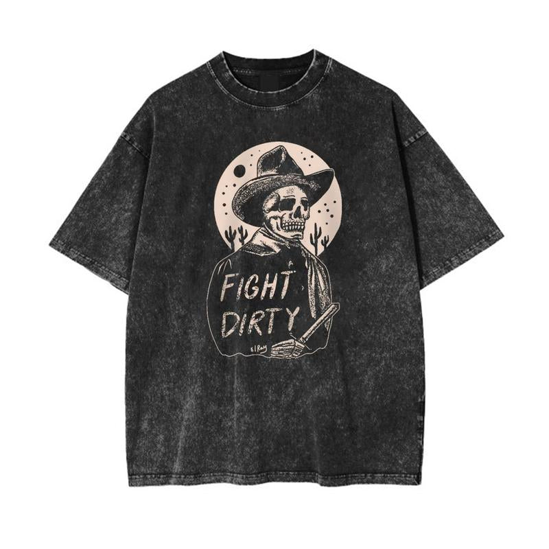 Fight Dirty Cowboy Garment-dye Tees Unisex Vintage Washed Crew Neck Regular Fit Cotton Fabric Casual Comfort Breathable Short Sleeve Funny T-shirts Fashion Men&Women's Top for Daily Wear 092501