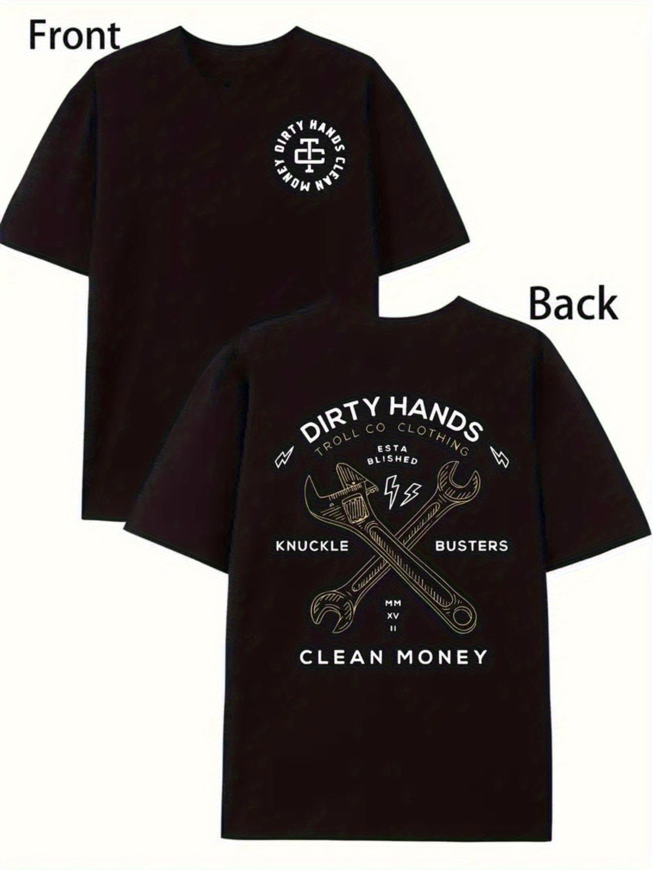 Men'S Heavyweight 100% Cotton T-Shirt - Double-Sided Graphic Tee with "Dirty Hands Make Clean Money" Slogan - Black Shirt for Everyday & Formal Wear - Moisture-Wicking Breathable Fabric - Ideal Gift for Business Professionals & Casual Outfits, Outdoor Act