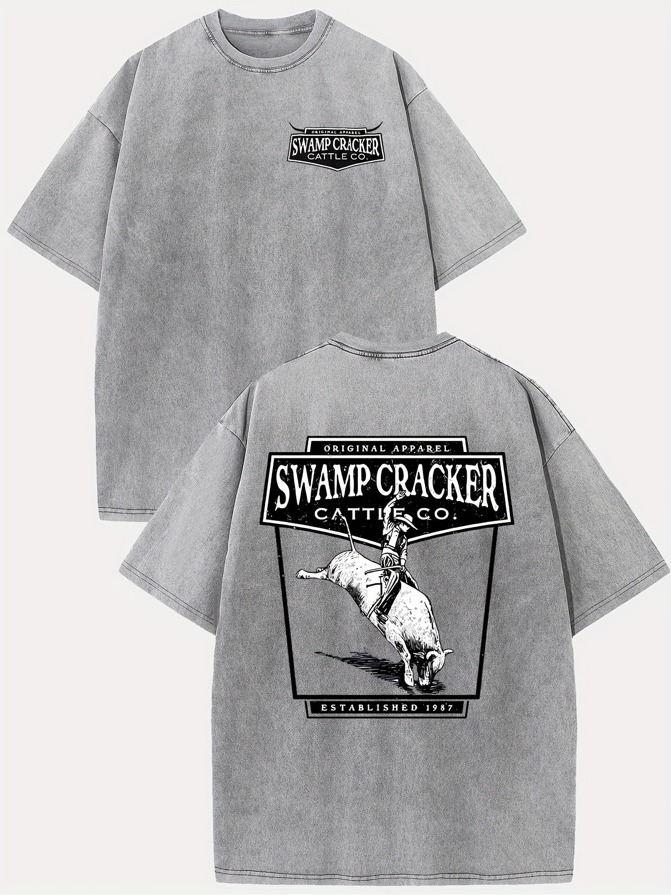 Swamp Cracker 230g Washed Men'S Vintage Summer T-Shirt | Retro Street Style Double-Sided Print Pattern, Drop Shoulder, Crew Neck, Short Sleeve, Suitable for Gifting and Daily Wear