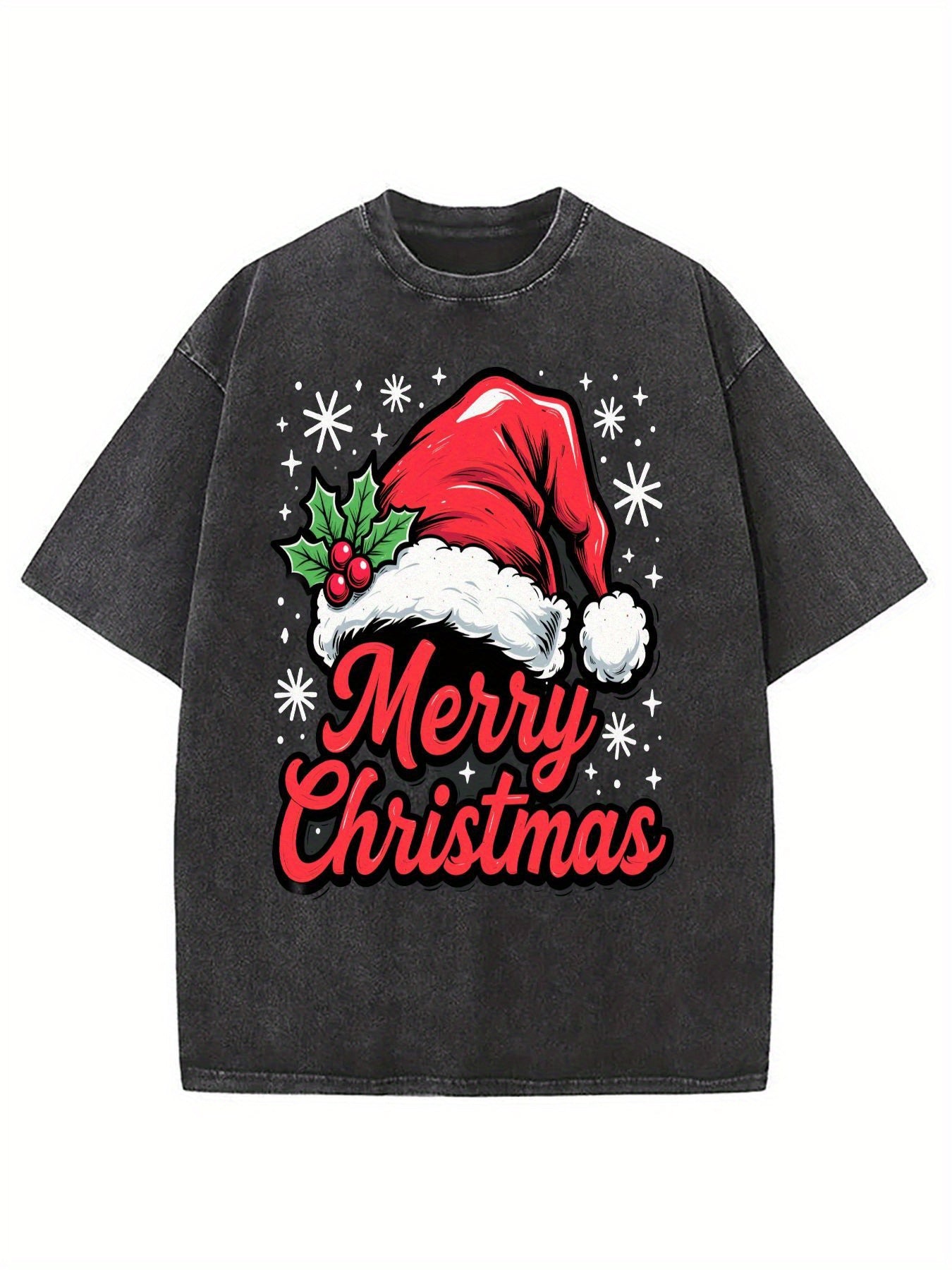 Men's & Women's Vintage Washed Christmas T-Shirt - Dark Green with Red "Merry Christmas" & Santa Hat Print, Loose Fit Cotton Blend Short Sleeve Holiday Party Outfit Suitable for Adults,, Family Matching - Machine Washable Year-Round Wear