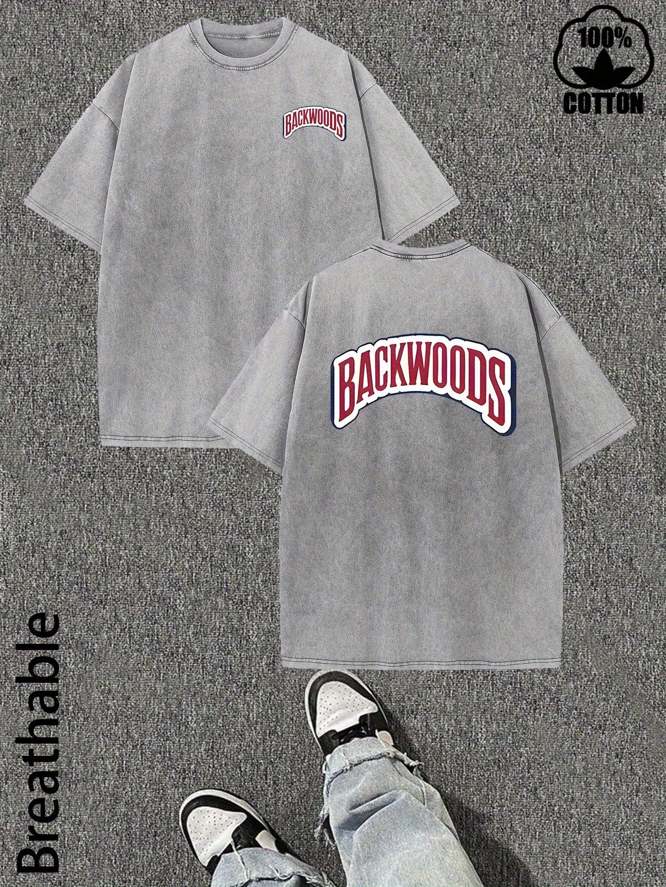 1pc Men's Heavyweight Washed Cotton T-Shirt with BACKWOODS Brand Print - Red Letter Logo, Loose Fit Streetwear Style, Breathable All-Season Casual Gym & Party Wear, Machine Washable Crew Neck Top