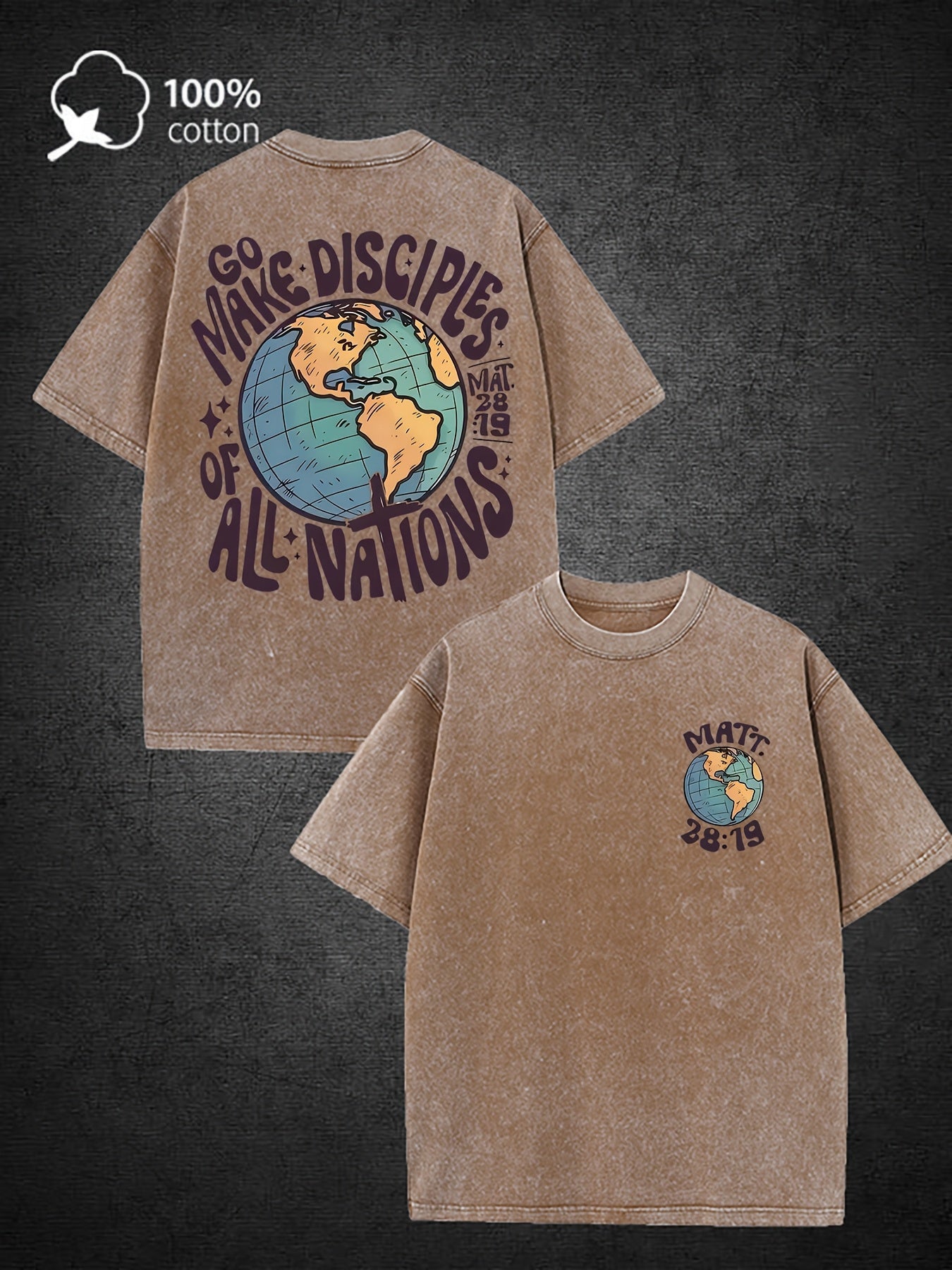 Men's 220g Heavy Washed Cotton Christian Mission T-Shirt - Vintage "Make All Nations My Disciples" Religious Tee, Loose Fit Round Neck Short Sleeve Church Apparel for Missionary & Casual Wear
