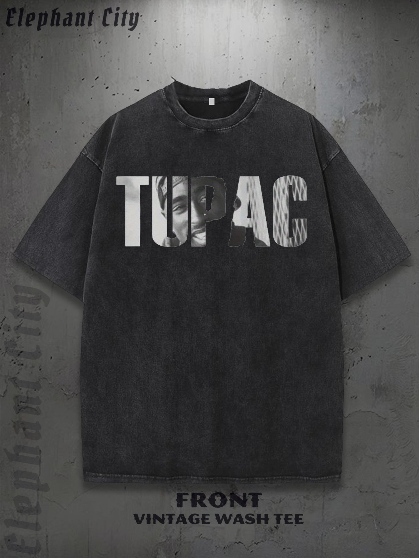Heavyweight 100% Cotton Tupac Shakur Print T-Shirt - Iconic Rap Music Tee for Men & Women, Vintage Washed Black Casual Streetwear, Loose Fit Round Neck Top, Machine Washable Urban Style for Concerts, Golf & Daily Wear