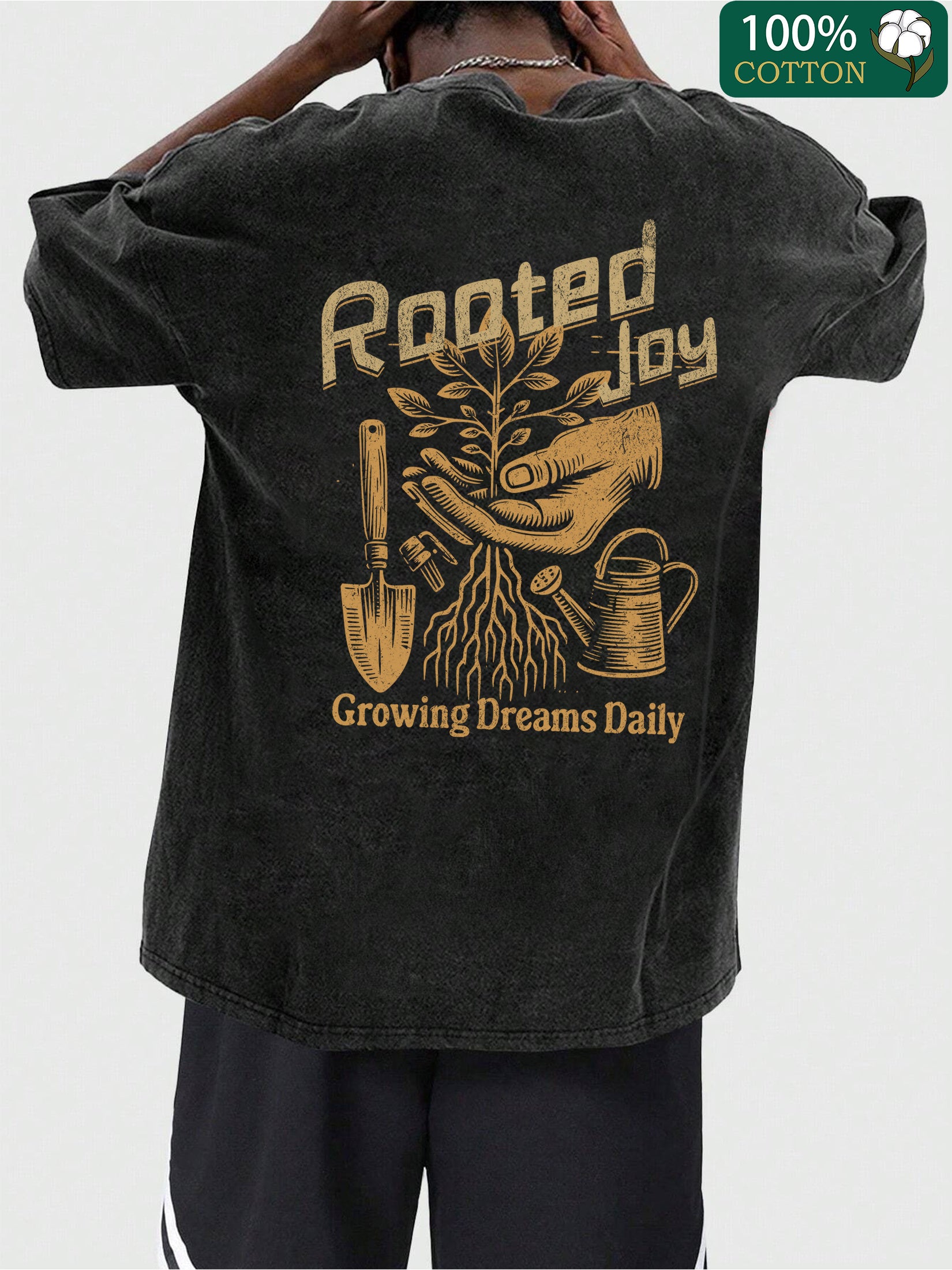 Men's Vintage Heavyweight 230g Cotton T-Shirt with Gardening Tool & Plant Back Print - Distressed Tie-Dye Wash Soft Round Neck Short Sleeve Summer Casual Top Suitable for Outdoor & Casual Attire, Natural Style All-Season 230gsm