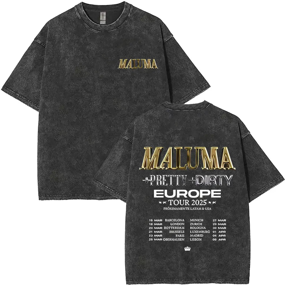Vintage Washed Rapper Maluma Pretty Dirty Europet Tour 2025 T-shirt Men Women Fashion Oversized Tshirt Male Hip Hop Streetwear