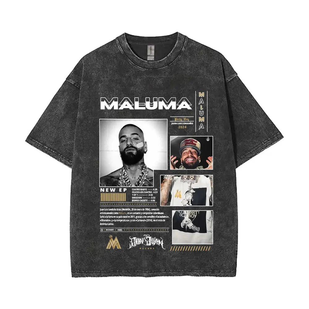 Vintage Washed Rapper Maluma Pretty Dirty Europet Tour 2025 T-shirt Men Women Fashion Oversized Tshirt Male Hip Hop Streetwear