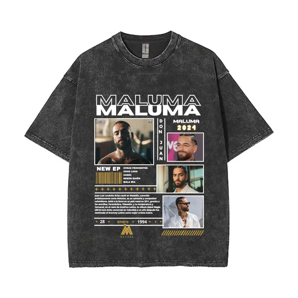 Vintage Washed Rapper Maluma Pretty Dirty Europet Tour 2025 T-shirt Men Women Fashion Oversized Tshirt Male Hip Hop Streetwear