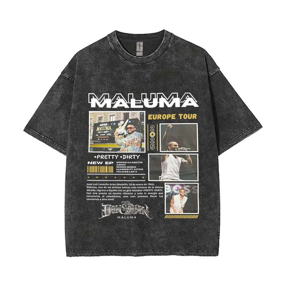 Vintage Washed Rapper Maluma Pretty Dirty Europet Tour 2025 T-shirt Men Women Fashion Oversized Tshirt Male Hip Hop Streetwear