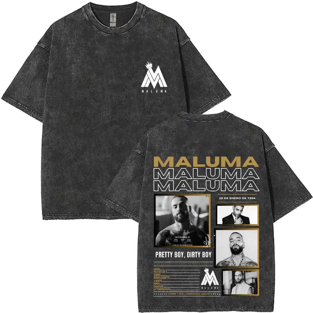 Vintage Washed Rapper Maluma Pretty Dirty Europet Tour 2025 T-shirt Men Women Fashion Oversized Tshirt Male Hip Hop Streetwear