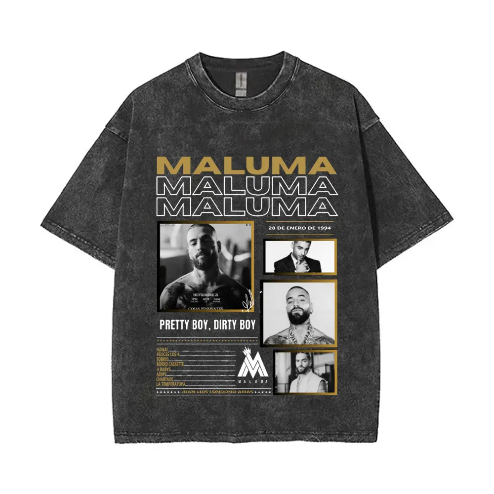 Vintage Washed Rapper Maluma Pretty Dirty Europet Tour 2025 T-shirt Men Women Fashion Oversized Tshirt Male Hip Hop Streetwear
