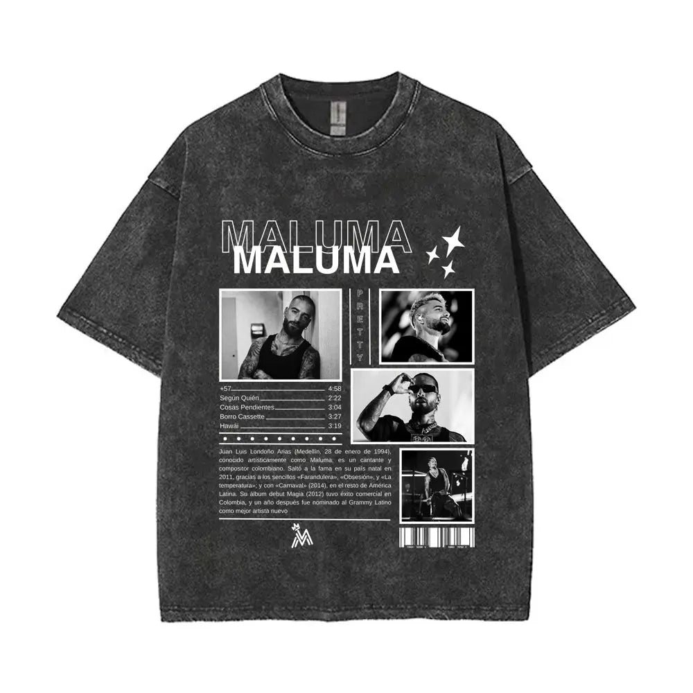 Vintage Washed Rapper Maluma Pretty Dirty Europet Tour 2025 T-shirt Men Women Fashion Oversized Tshirt Male Hip Hop Streetwear