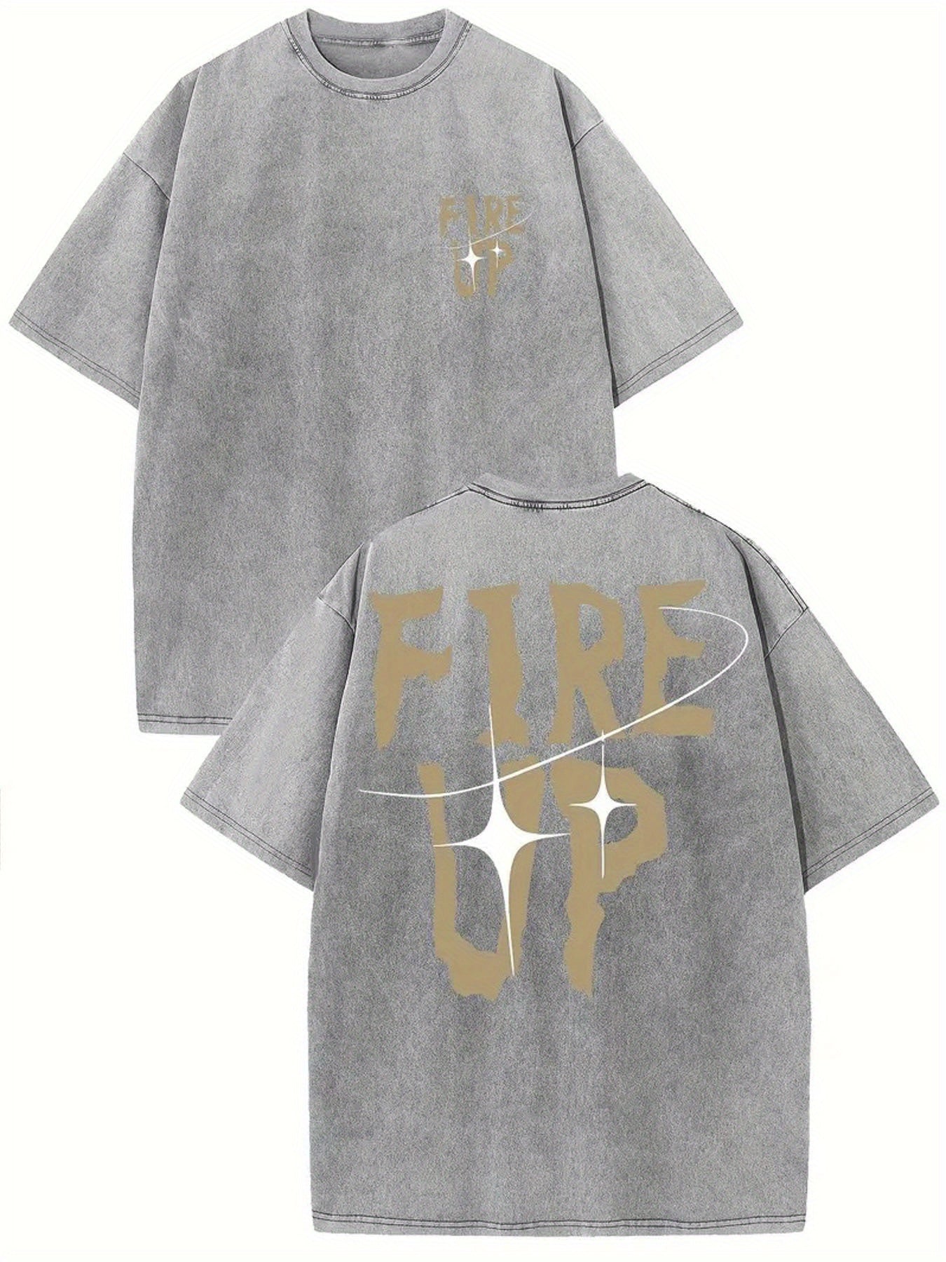 1pc Men'S Heavyweight 230GSM Vintage Washed T-Shirt - Double-Sided "FIRE UP" Graphic Print, Light Gray & Beige Streetwear Crew Neck, All-Season Casual & Special Occasion Essential, Machine Washable Soft Texture, Regular Fit for Daily Wear & Statemen