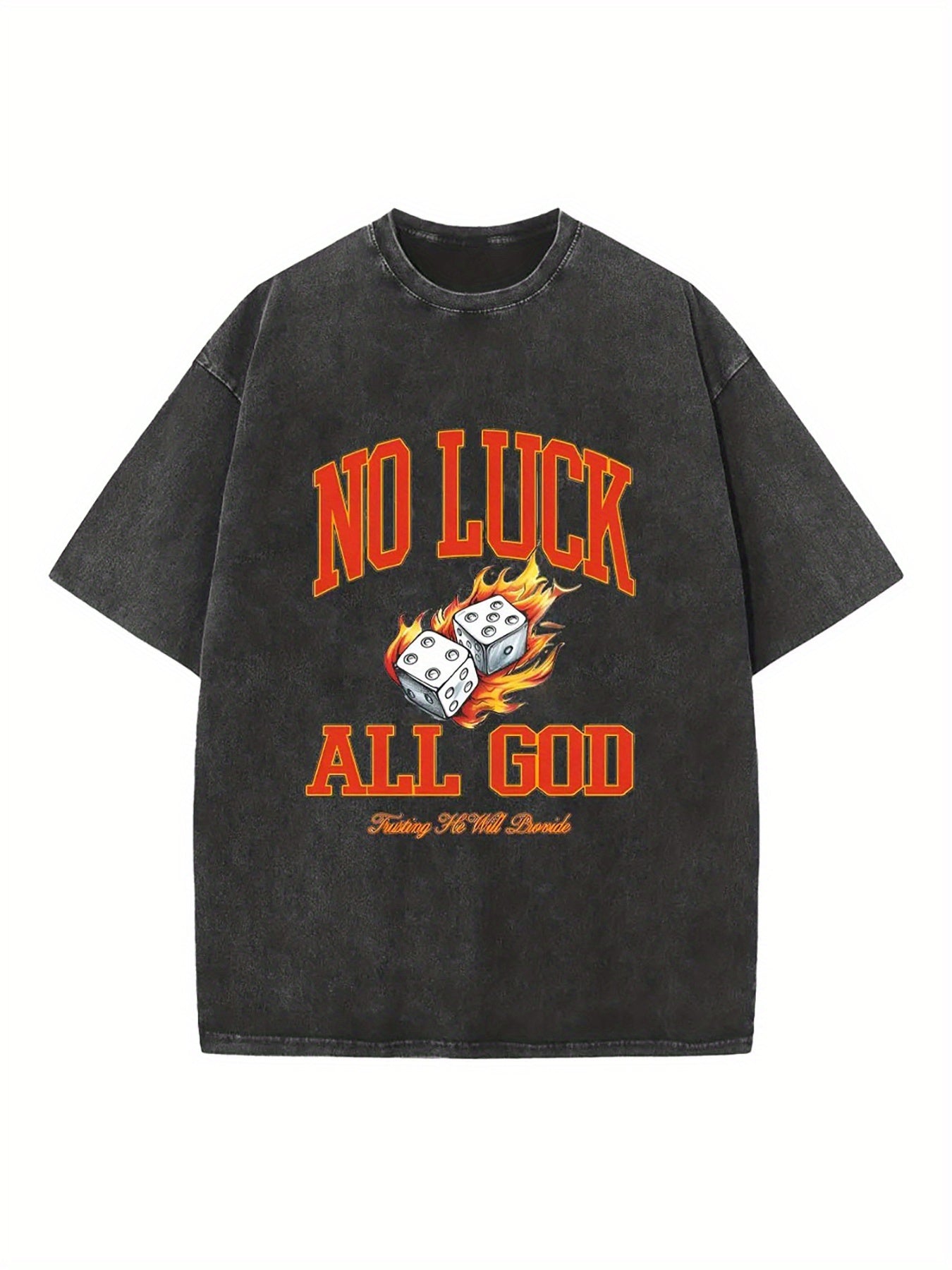 1pc Men'S Vintage Washed T-Shirt with "No Luck All Depend on God" Inspirational Print & Dice Graphic - Casual Streetwear Loose Fit Round Neck Short Sleeve, All-Season Comfort, Machine Washable Christian Faith Apparel for Men