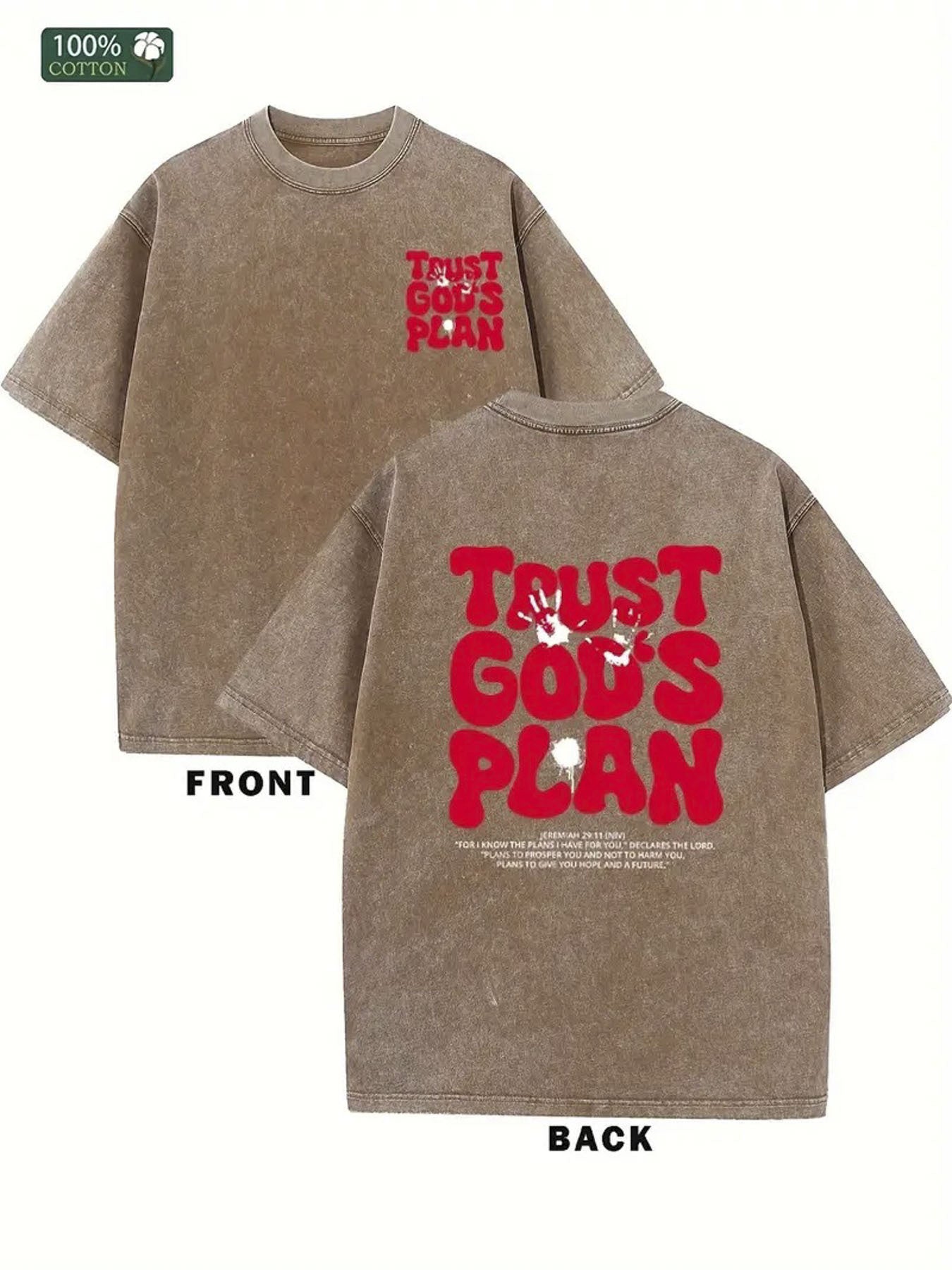 1pc Men's Heavyweight 230GSM Cotton T-Shirt - Vintage Streetwear "Trust in God's Plan" Red Print, Double-Sided Washed Crew Neck Loose Fit Shirt, All-Season Casual Top & Holiday Gift