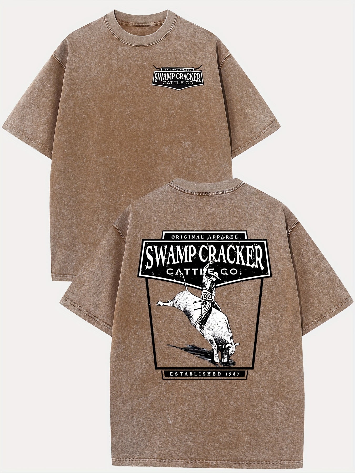 Swamp Cracker 230g Washed Men'S Vintage Summer T-Shirt | Retro Street Style Double-Sided Print Pattern, Drop Shoulder, Crew Neck, Short Sleeve, Suitable for Gifting and Daily Wear